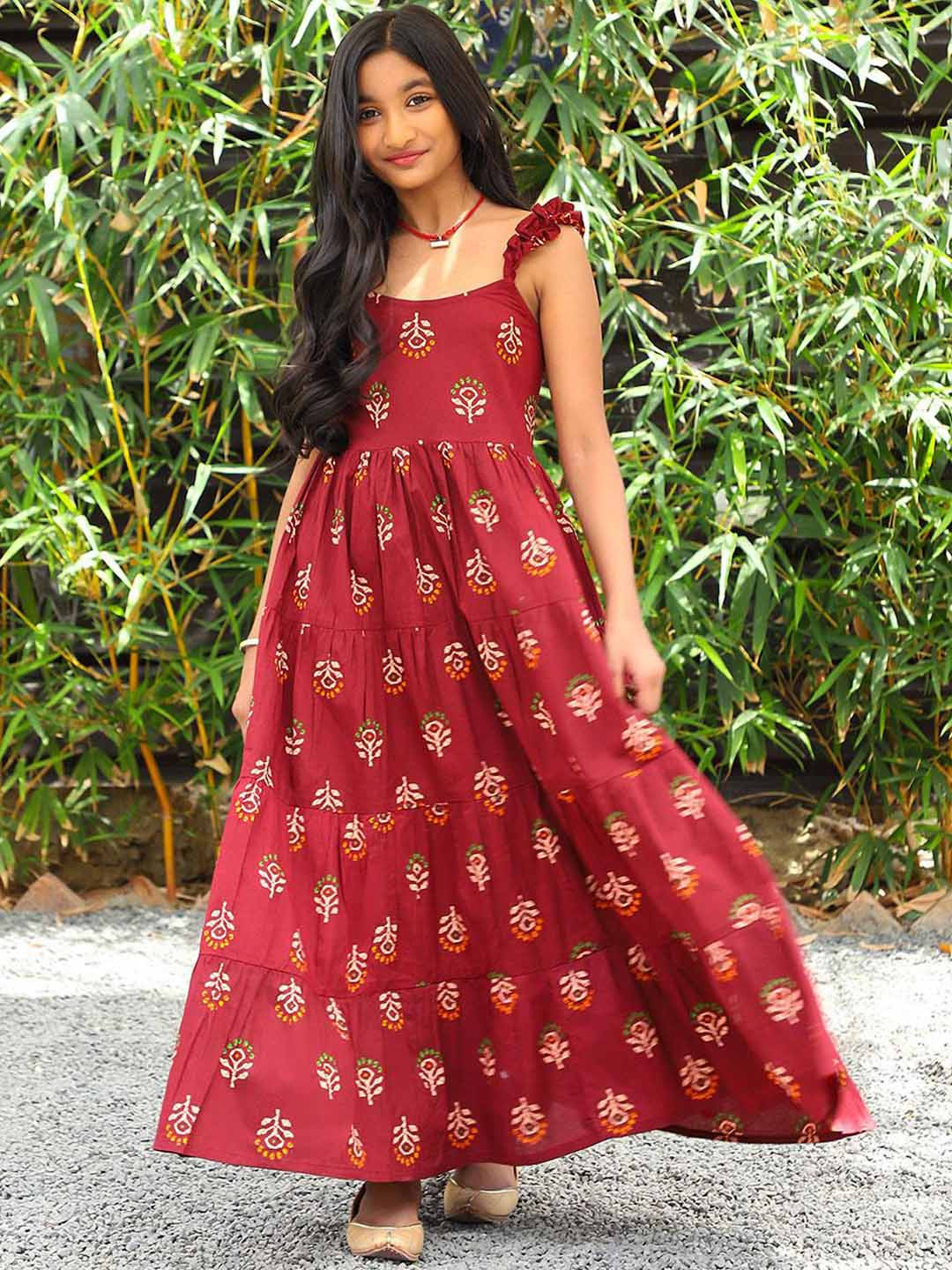 Aks Kids Girls Tiered Cotton Printed Ethnic Maxi Dresses