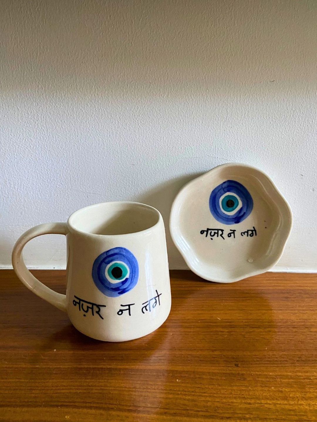 WEAVING HOMES White & Blue 2 Pieces Printed Mug & Dessert Plate