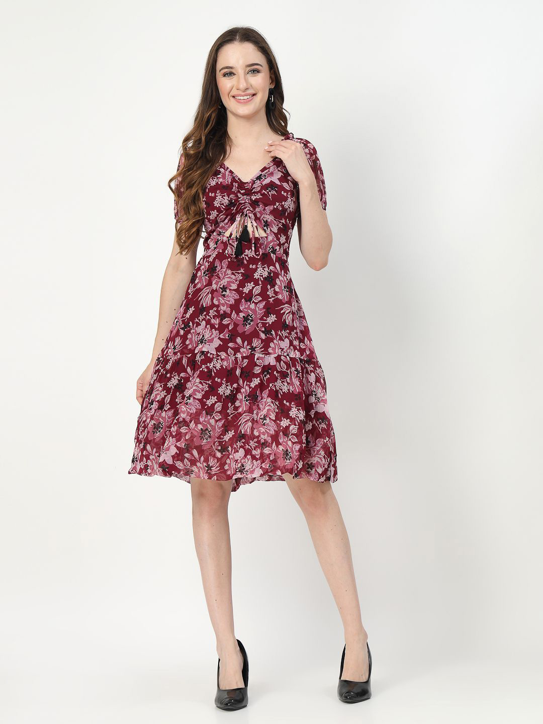 COSMIC TRIO Puff Sleeve Chiffon Fit & Flare Floral Dress