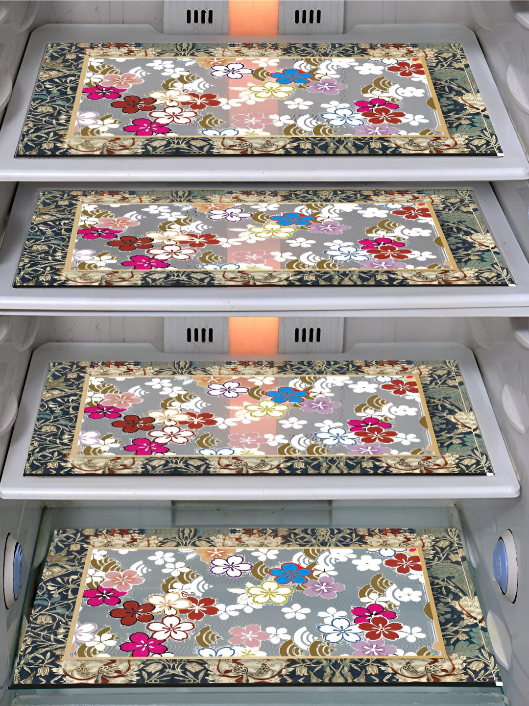 LooMantha Brown & Blue 4 Pieces Floral Printed Waterproof Fridge Mat