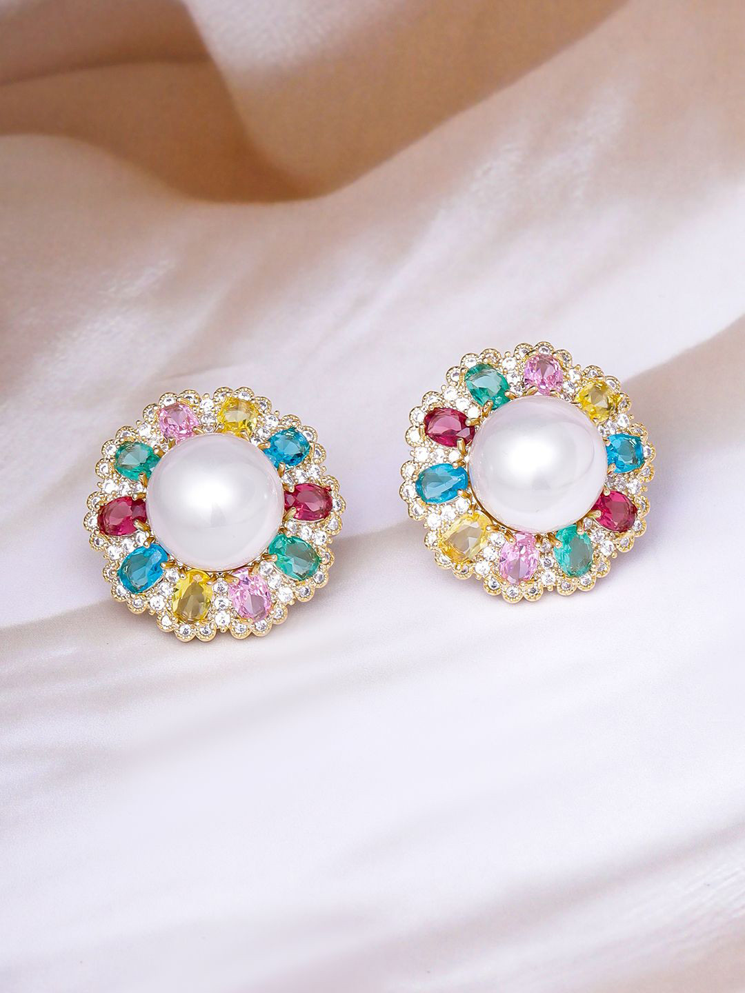 Rubans 22 K Gold-Plated Multicolor Ad & Cubic Zirconia Studded Premium Pearl Stud Earrings