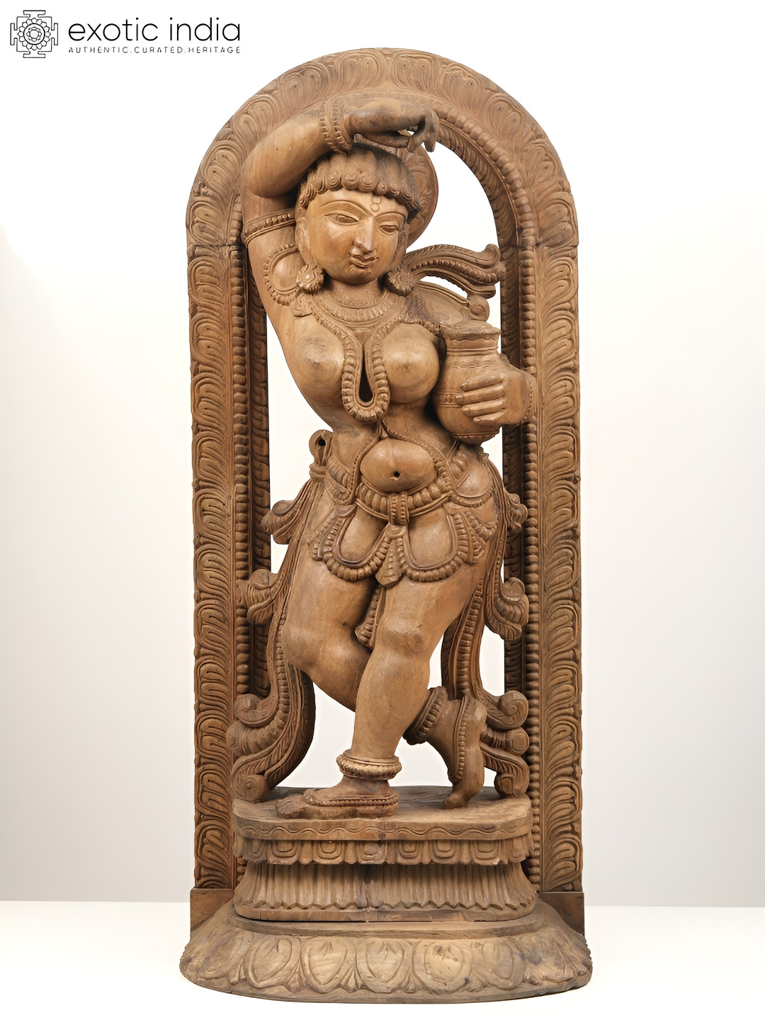Exotic India Dancing Apsara Brown Wood Natural Living Room Extra Large Showpiece - 41.3 Inches