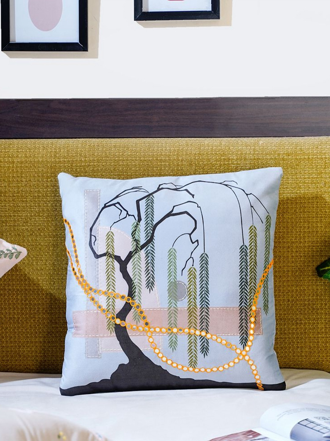 Mid July Home Harmony of Elements Blue & Green Embroidered Velvet Square Cushion Cover