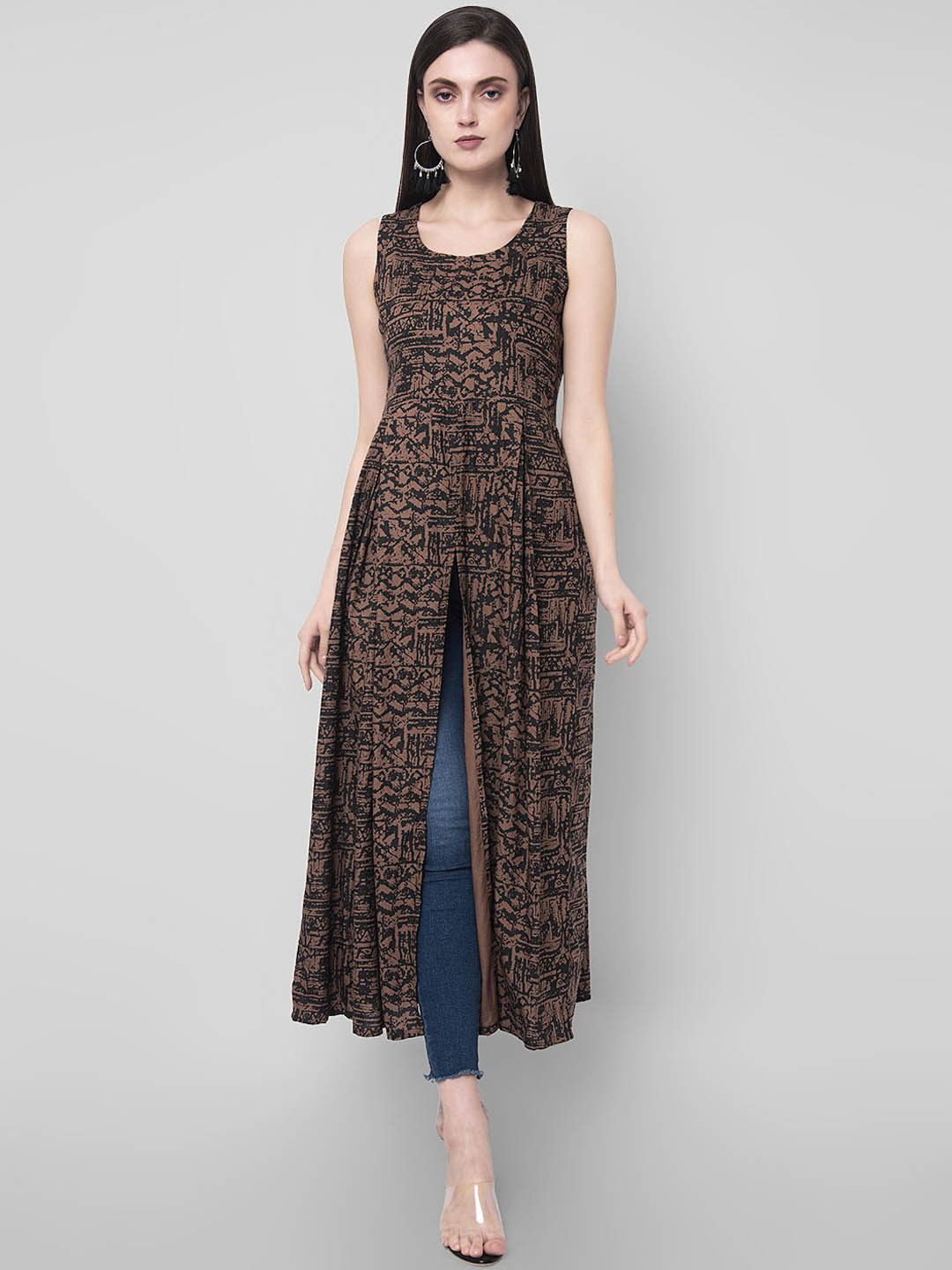 NYPA Abstract Printed Round Neck Sleeveless Front Slit A-Line Kurta