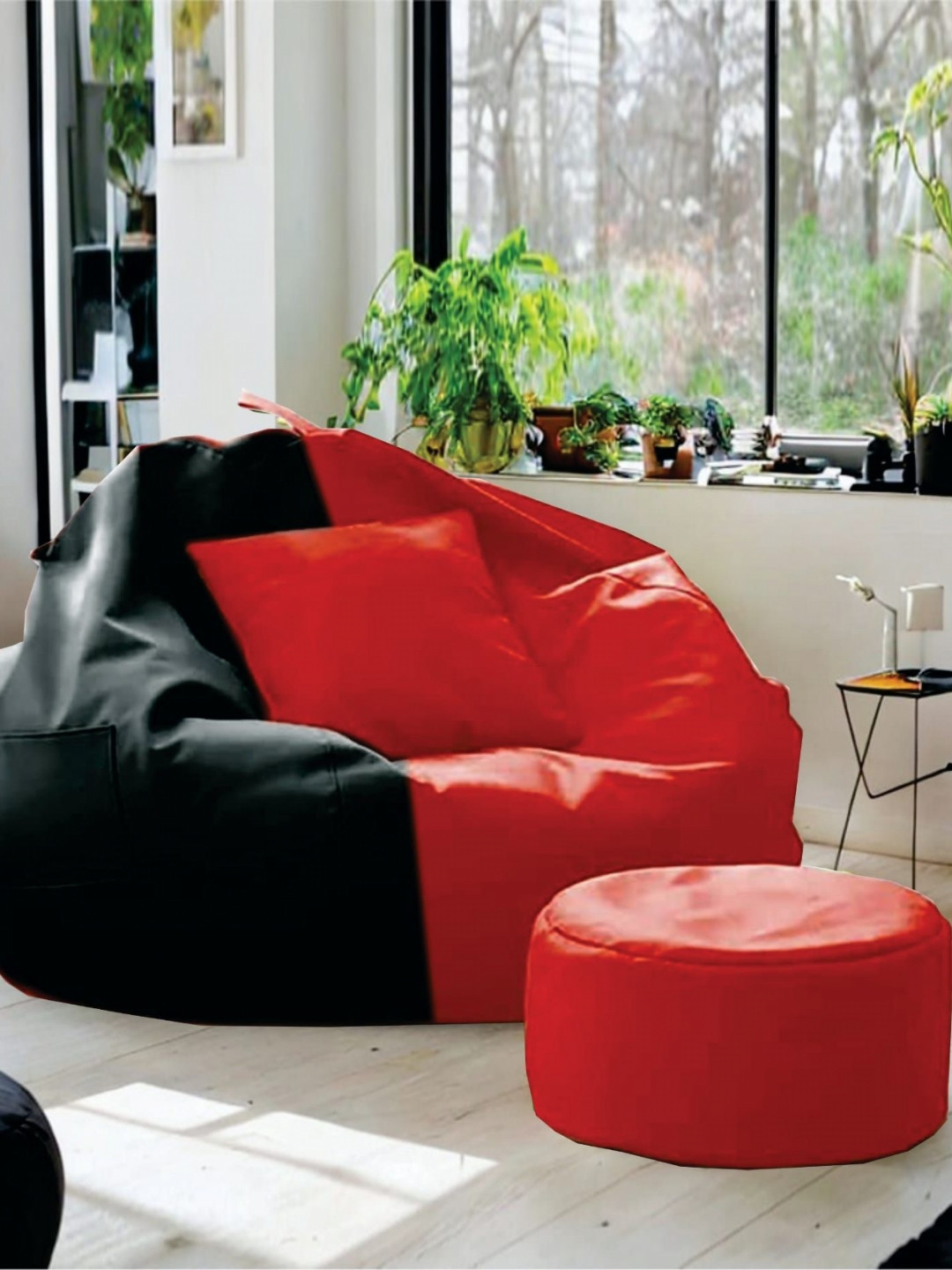 SHIRA 24 Red Bean & Black 3 Pieces Bag Cover Without Beans & Footrest With Cushion Cover