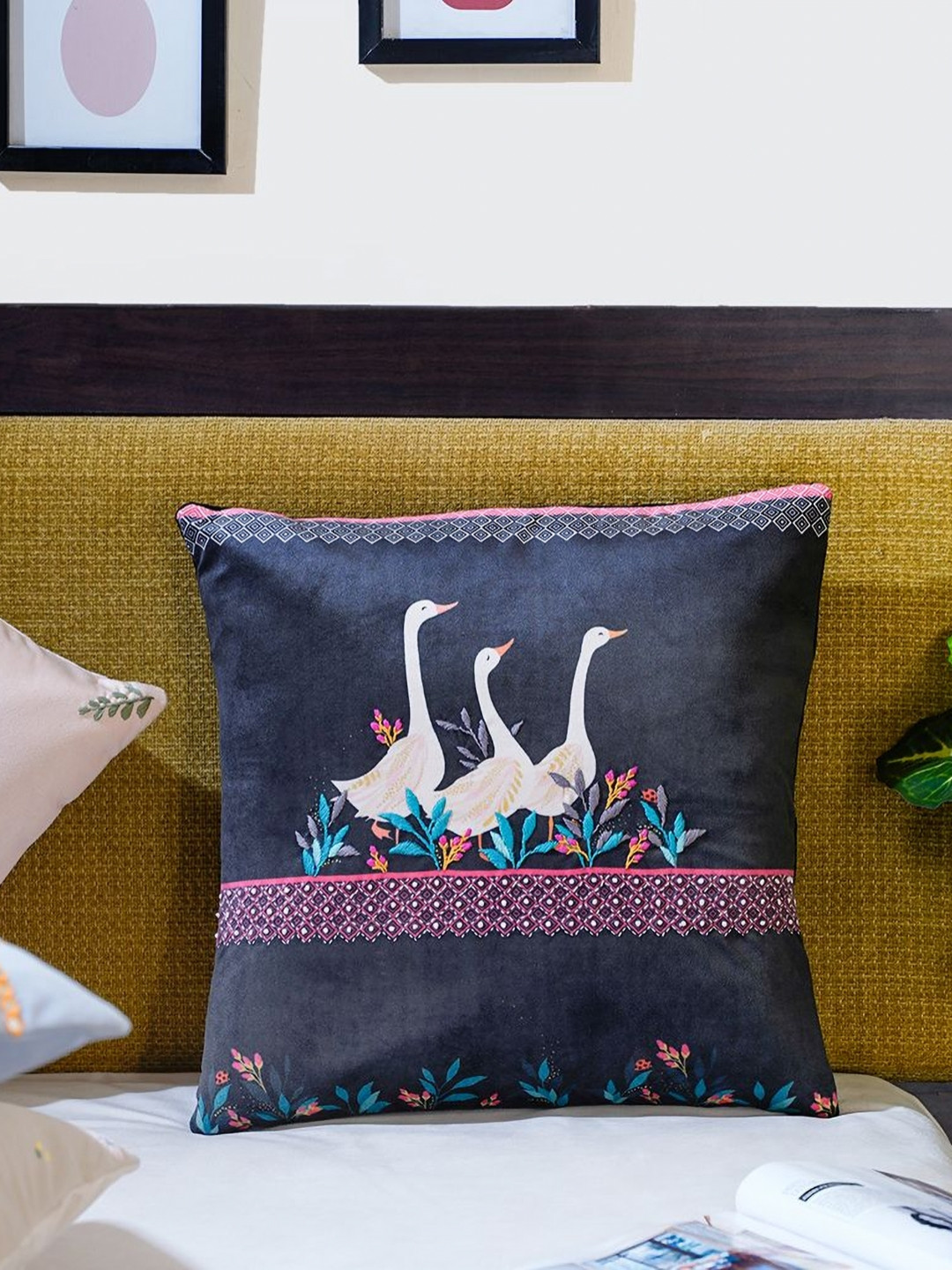 Mid July Home Pure joy Black & Blue Floral Embroidered Velvet Square Cushion Cover