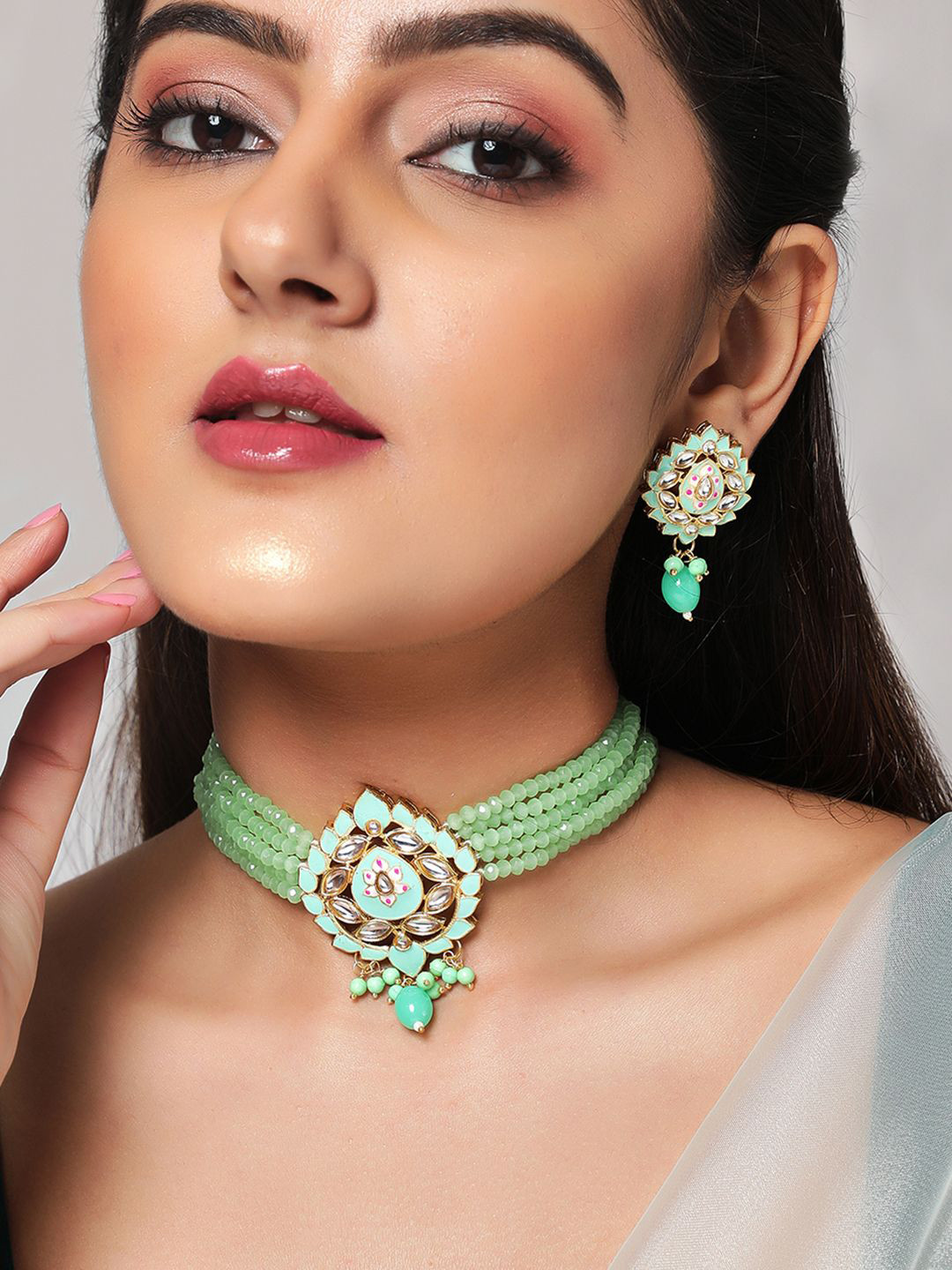 Rubans 22K Gold-Plated Mint Green Beaded Choker Jewellery Set with Intricate Kundan Work