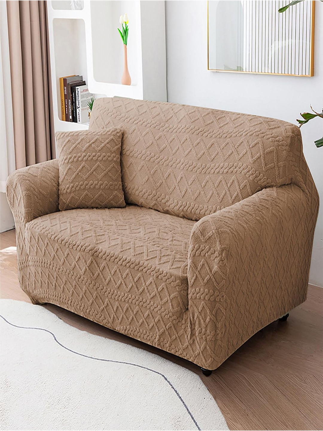 HOUSE OF QUIRK Tan Self Design Double Seater Jacquard Sofa Cover With Arms