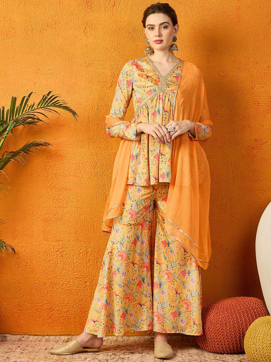 PANIT Floral Embroidered Gotta Patti Chanderi Silk Anarkali Kurta & Sharara & With Dupatta