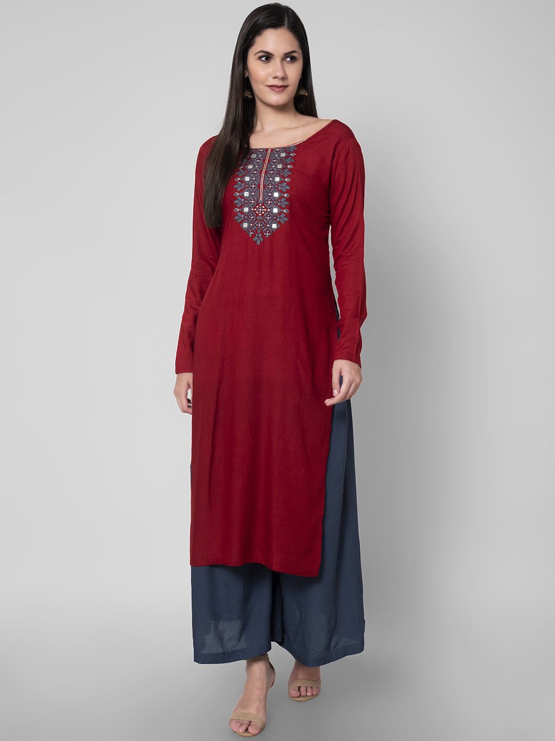 NYPA Floral Embroidered Yoke Design Boat Neck Mirror Work Straight Kurta With Palazzos