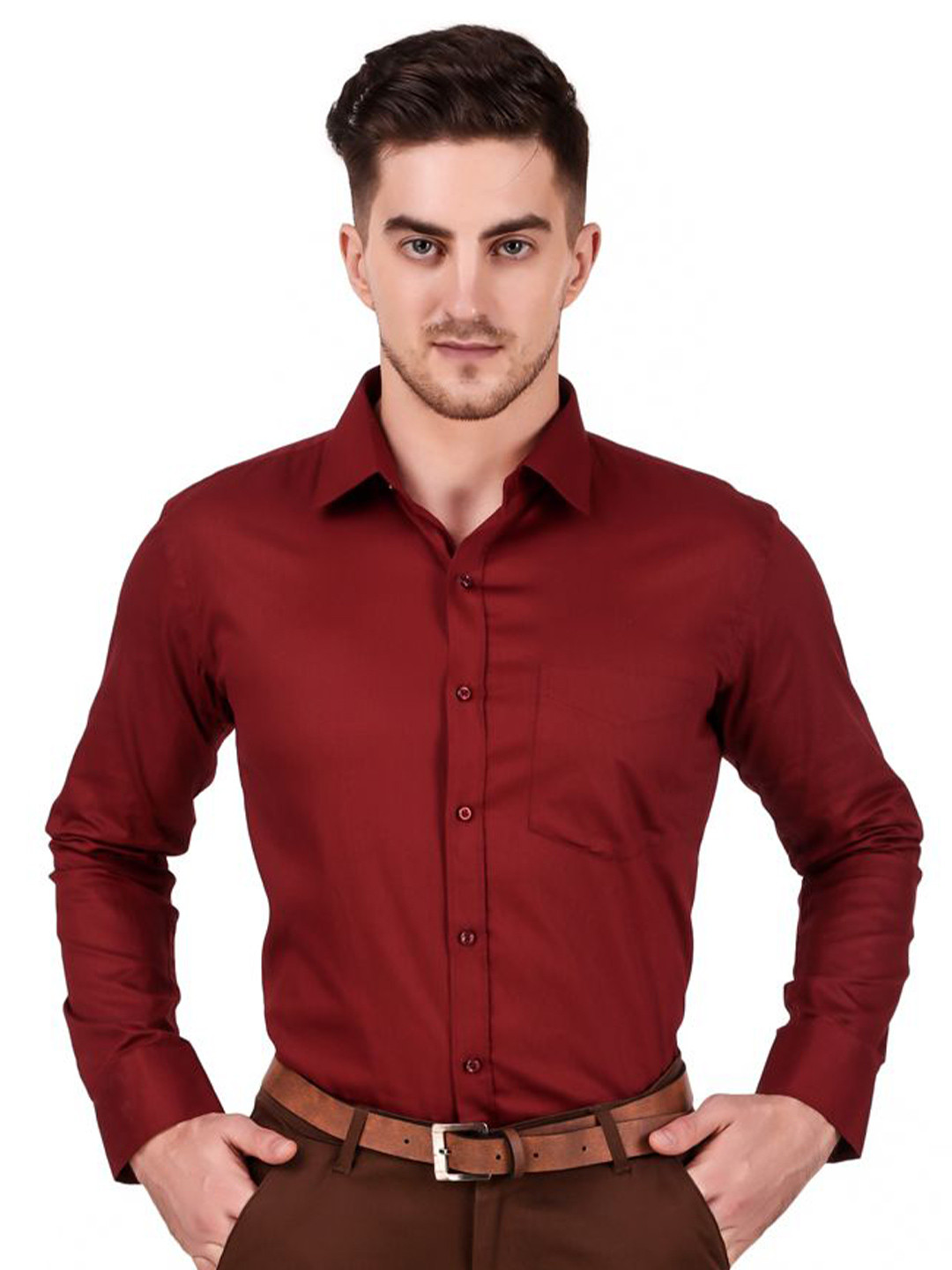 DESIGN UP MEN MAROON COMFORT SLIM FIT SOLID TWILL FORMAL SHIRT