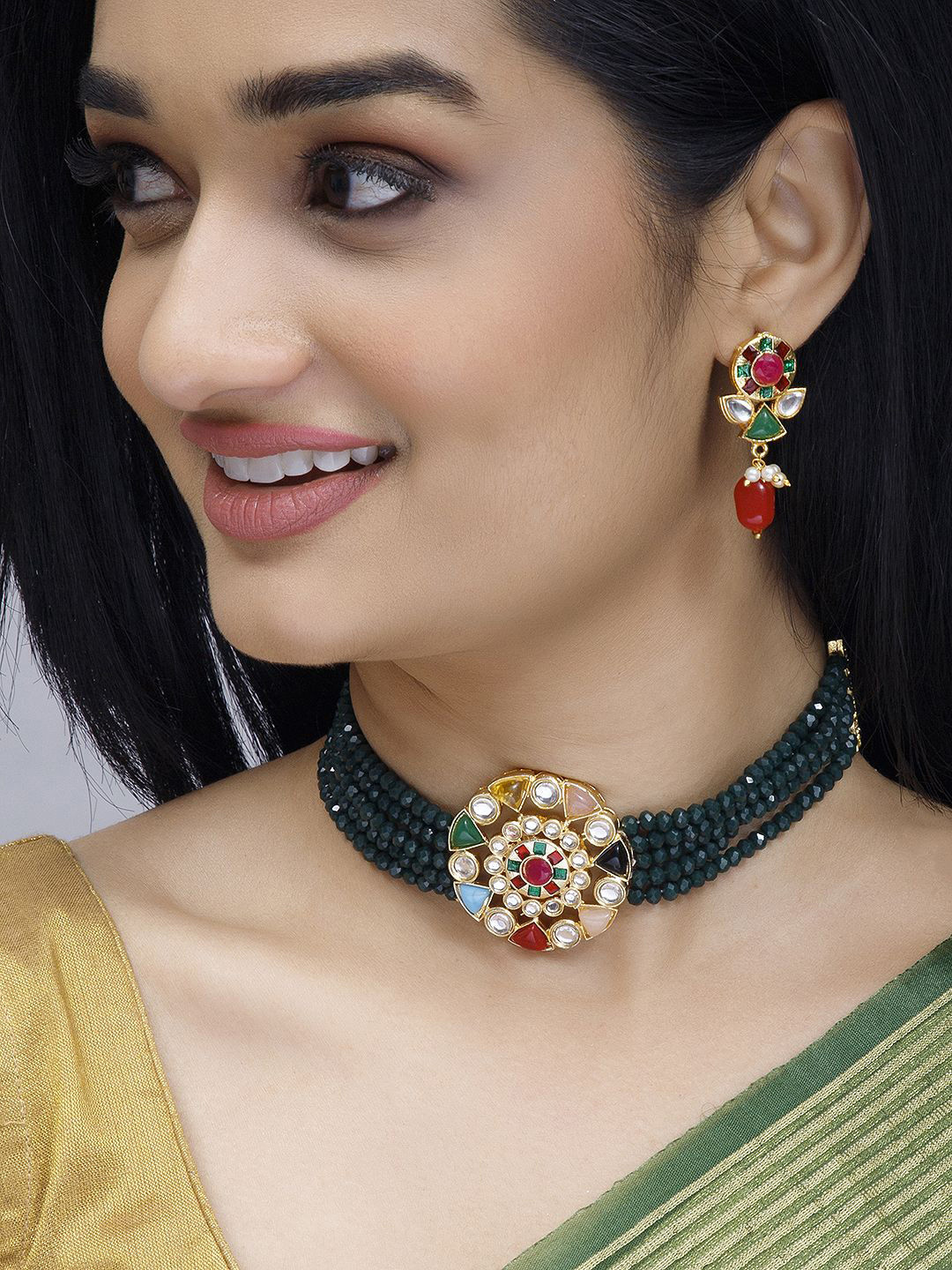 Rubans 18K Gold-Plated Multicolor AD Studded Choker Set with Black Beads and  Earrings