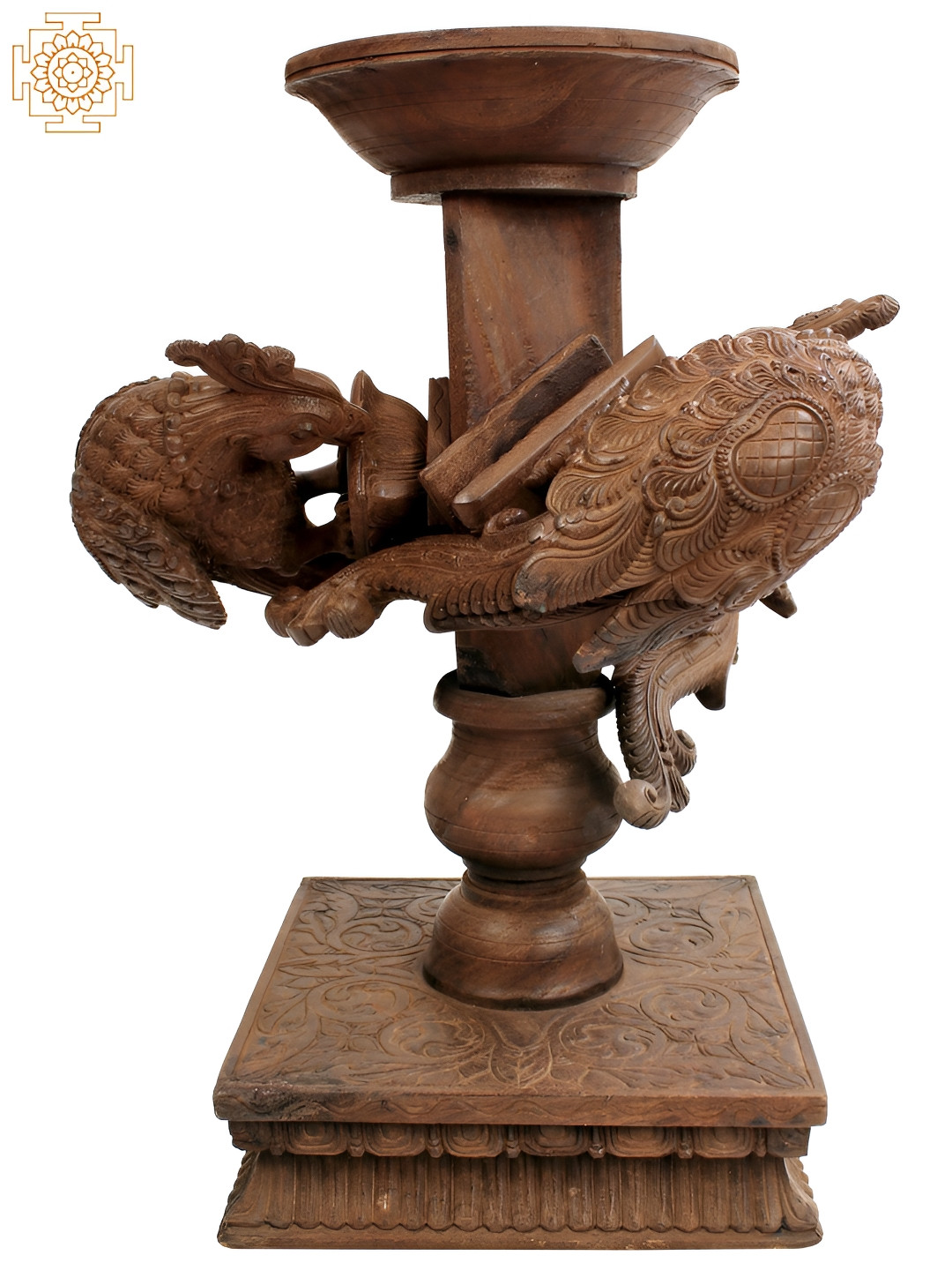 Exotic India Three Peacocks Brown Wood Natural Living Room Extra Large Showpiece - 29 Inches