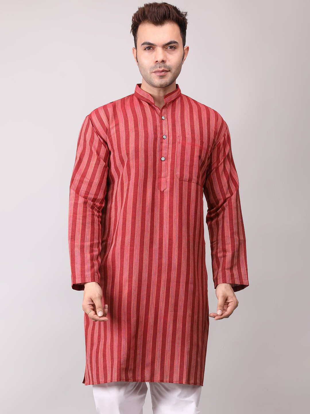 Voniry Striped Mandarin Collar Straight Kurta