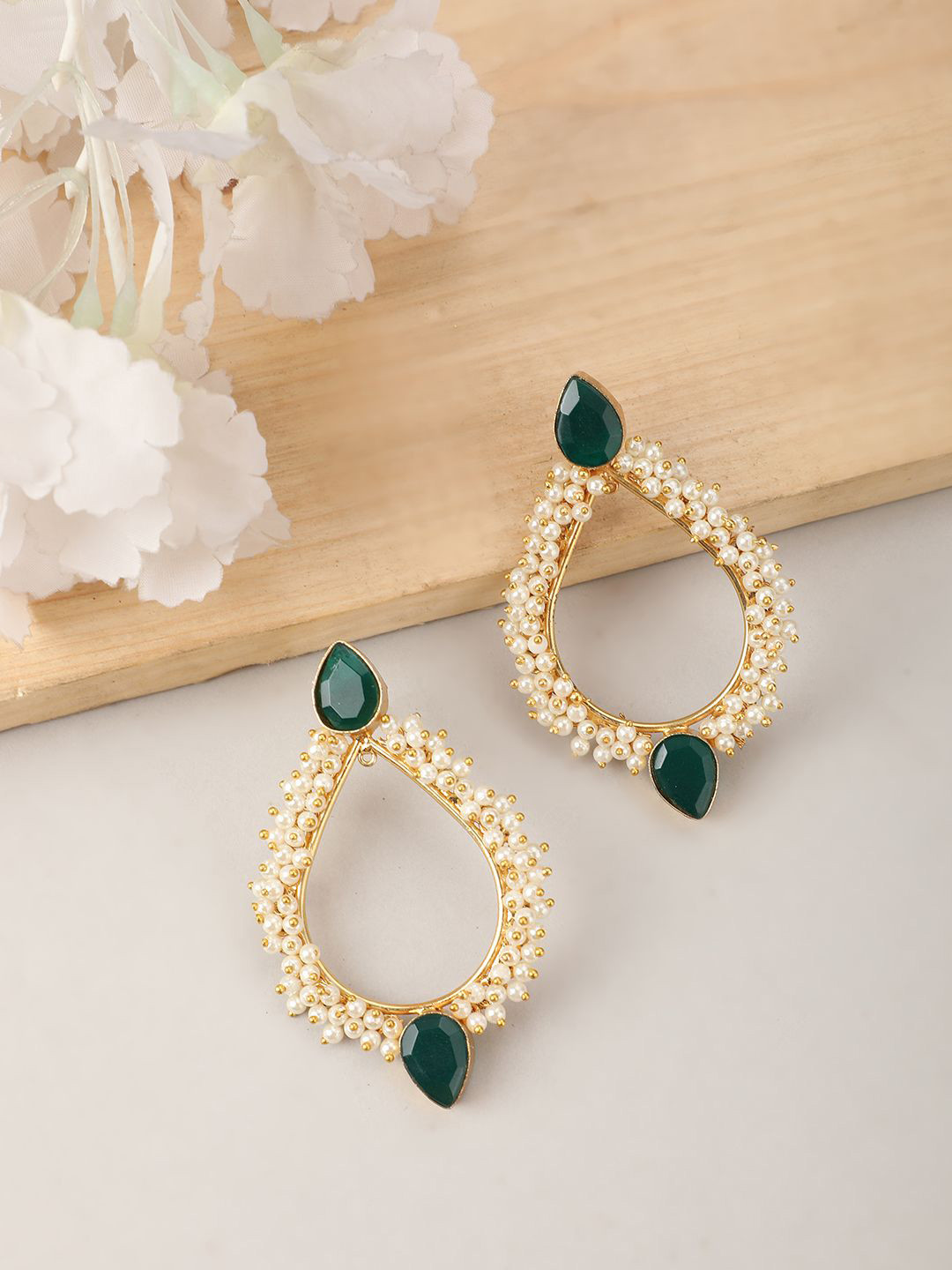MODE MANIA Gold Plated Contemporary Emerald & Pearls Studded Drop Earrings