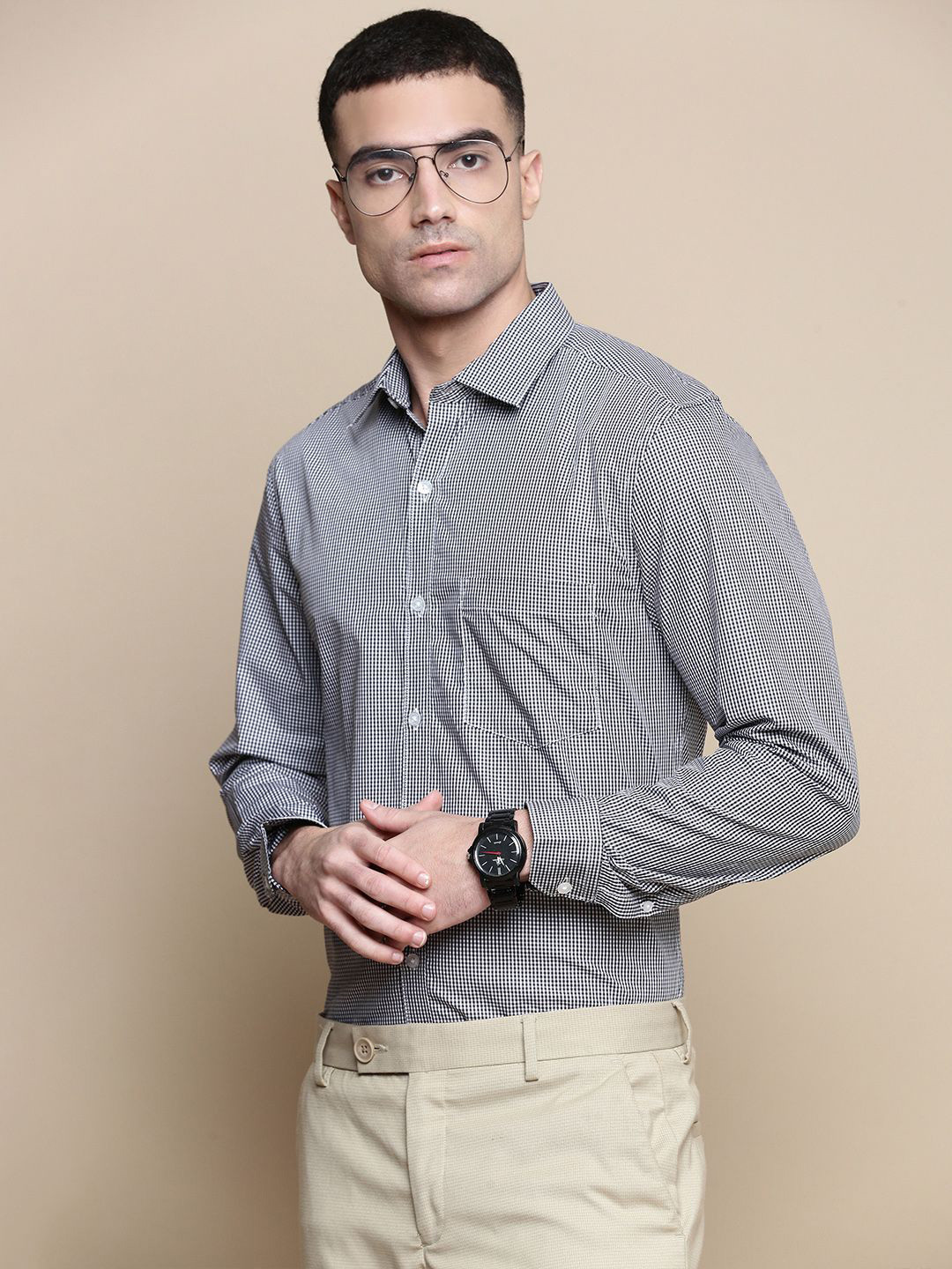 INVICTUS Men Standard Spread Collar Micro Checked Cotton Slim Fit Formal Shirt