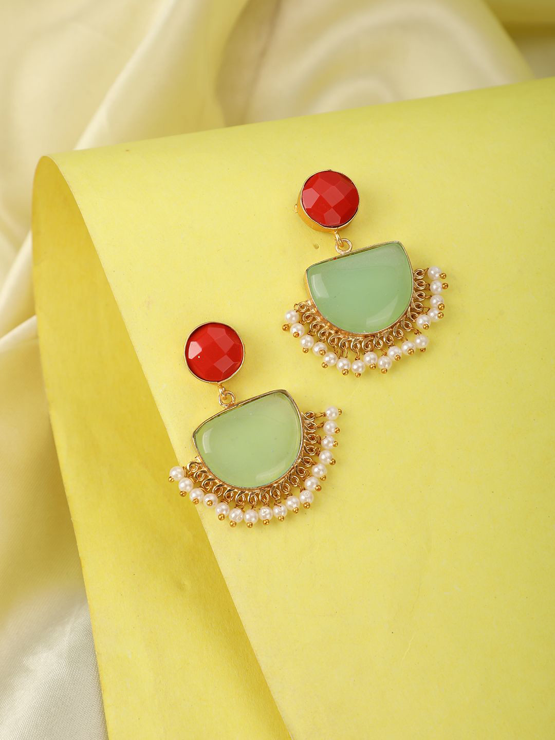 MODE MANIA Gold-Plated Stones Studded & Beaded Geometric Drop Earrings