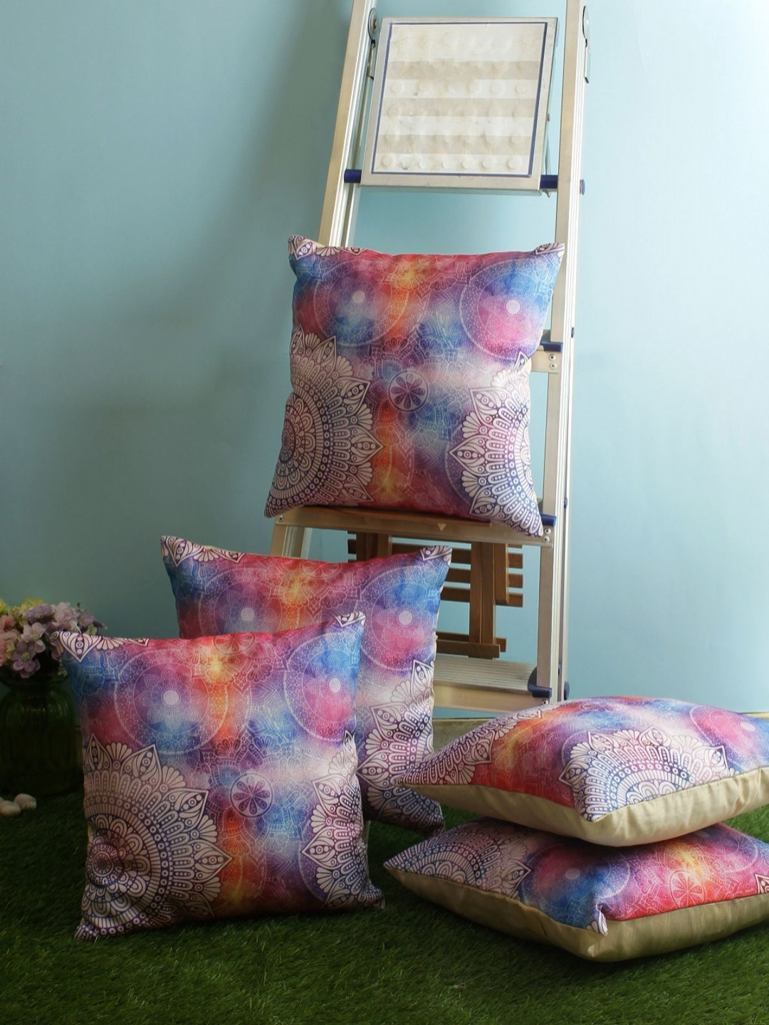 Myntra Elegant Homes Blue & Red 5 Pieces Ethnic Motifs Printed Square Cushion Covers