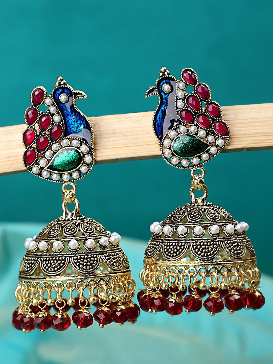 MODE MANIA Gold Plated Peacock Shaped Artificial Stones & Beads Jhumkas