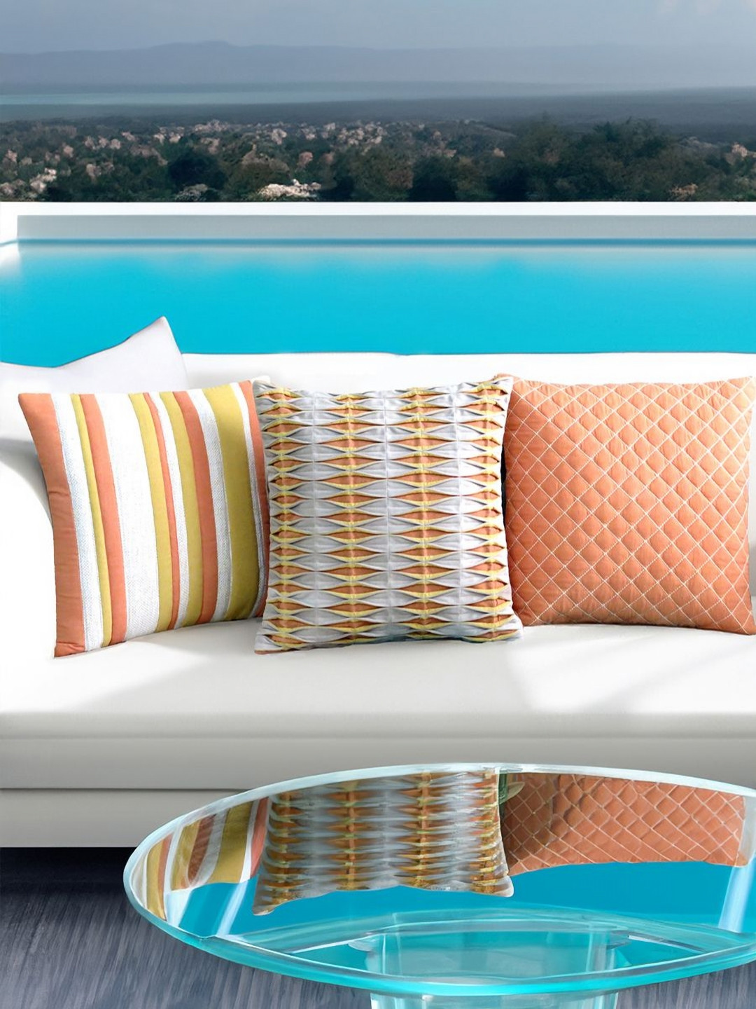 Mid July Home Off White & Orange Colored 3 Pieces Self Design Velvet Square Cushion Covers