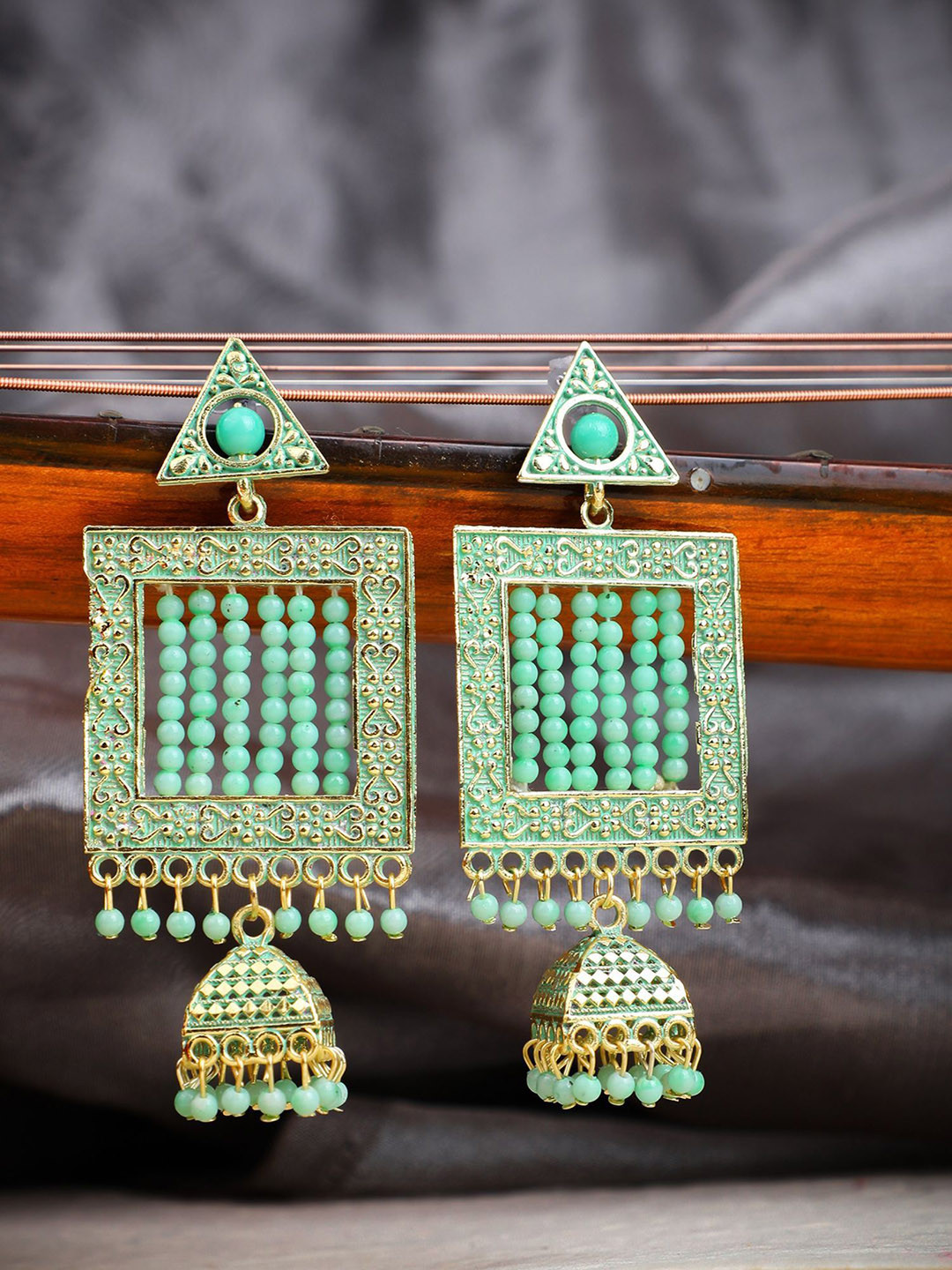 Anouk Gold Plated Square Artificial Beads Studded Jhumkas