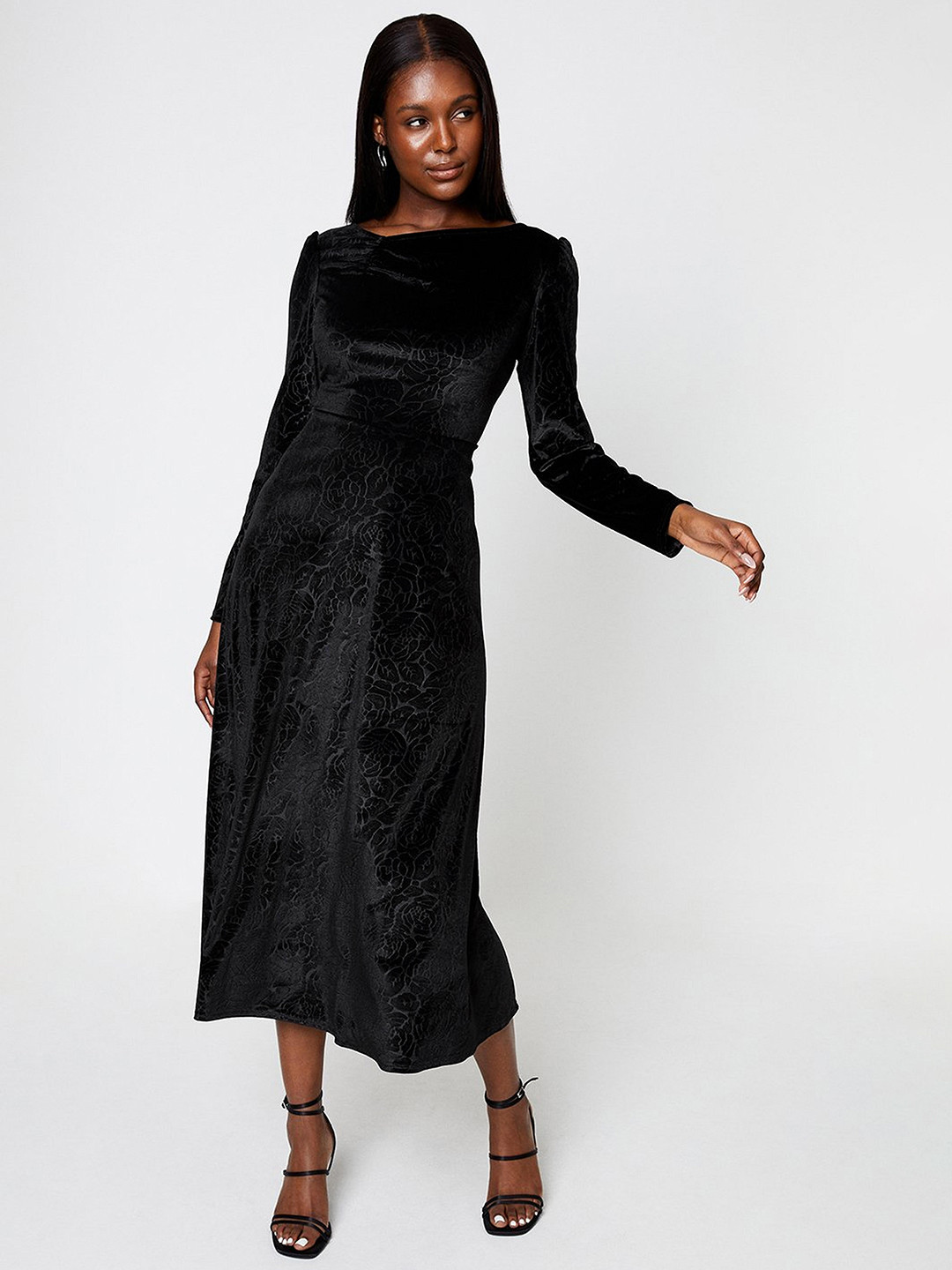 DOROTHY PERKINS Self-Design Velvet Finish A-Line Midi Dress