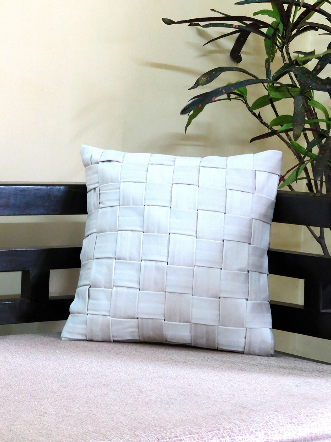 Mid July Home Off White Checked Polyester Silk Durable Square Cushion Cover -16x16In
