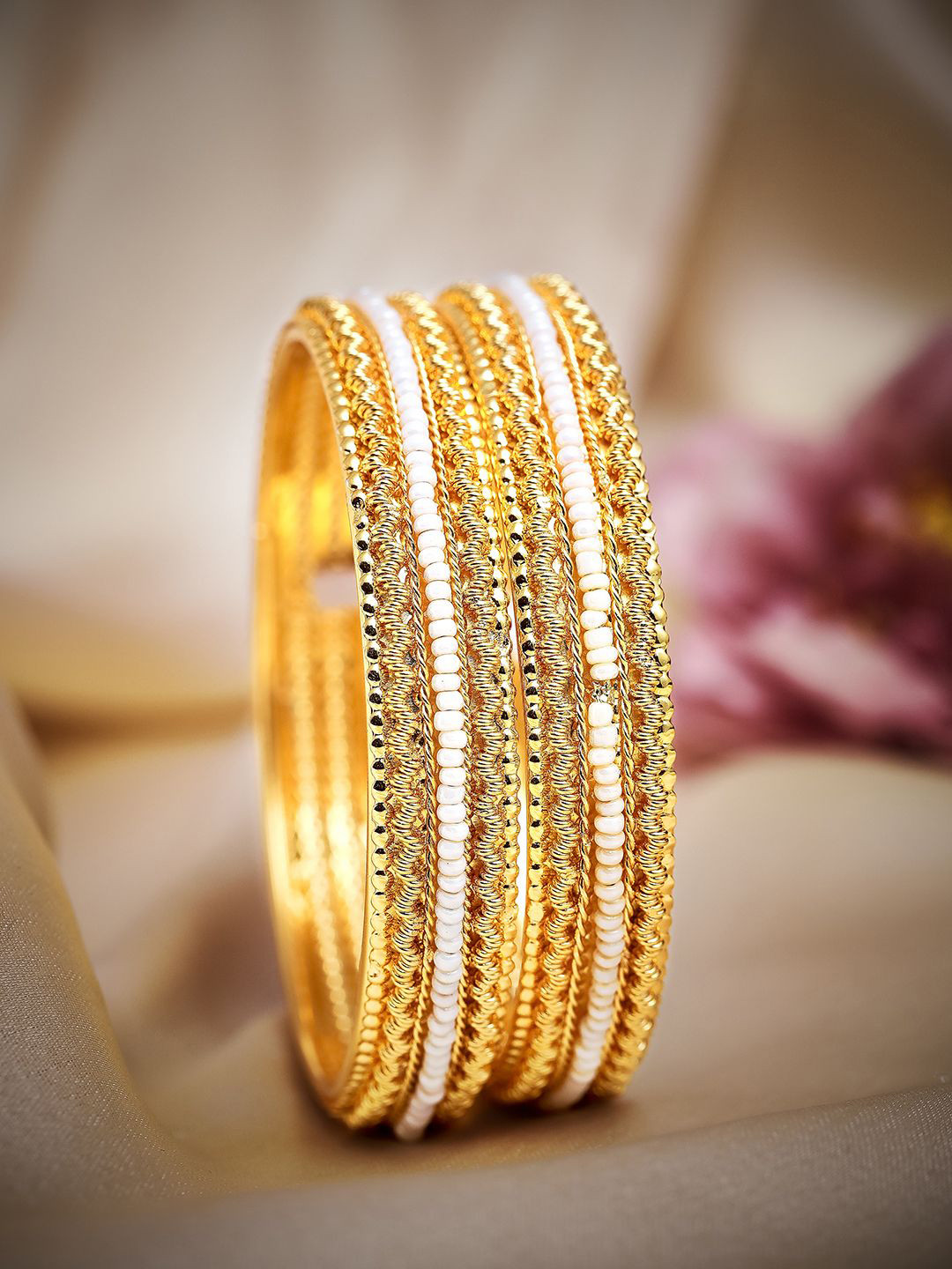 Rubans Set of 2 22K Gold-Plated Beaded Traditional Bangles with White Accents