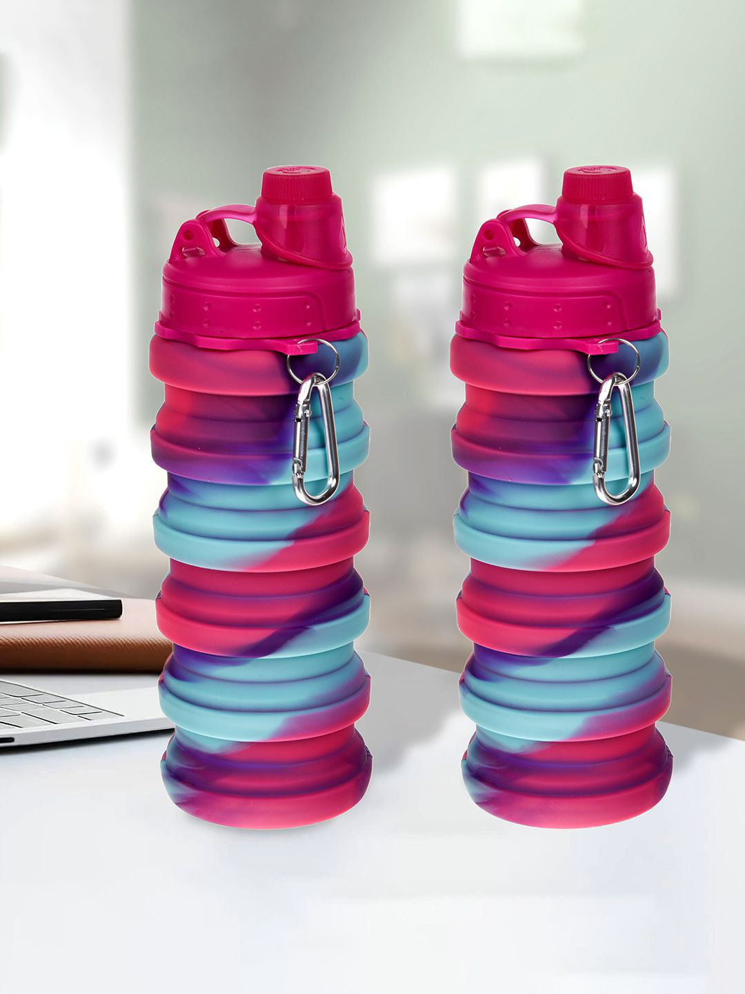 Kuber Industries Pink Colourblocked Plastic Carrying Loop 2 Piece Water Bottle - 500ml