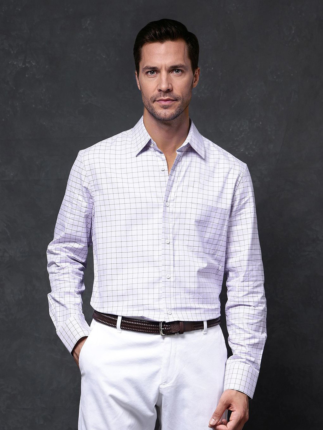 RARE RABBIT Men Comfort Spread Collar Grid Tattersall Checked Cotton Casual Shirt