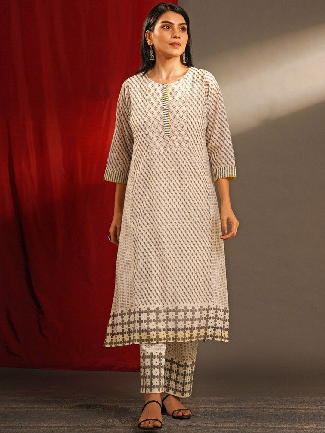 JAYPORE Selection of 2 Floral Printed Block Print Cotton Silk Kurtas