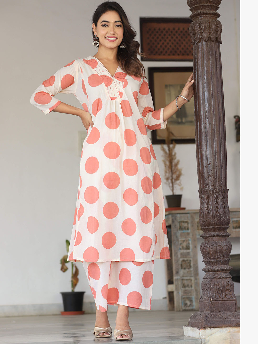 QBO FASHION Polka Dots Printed V Neck S Line Kurta with Trousers
