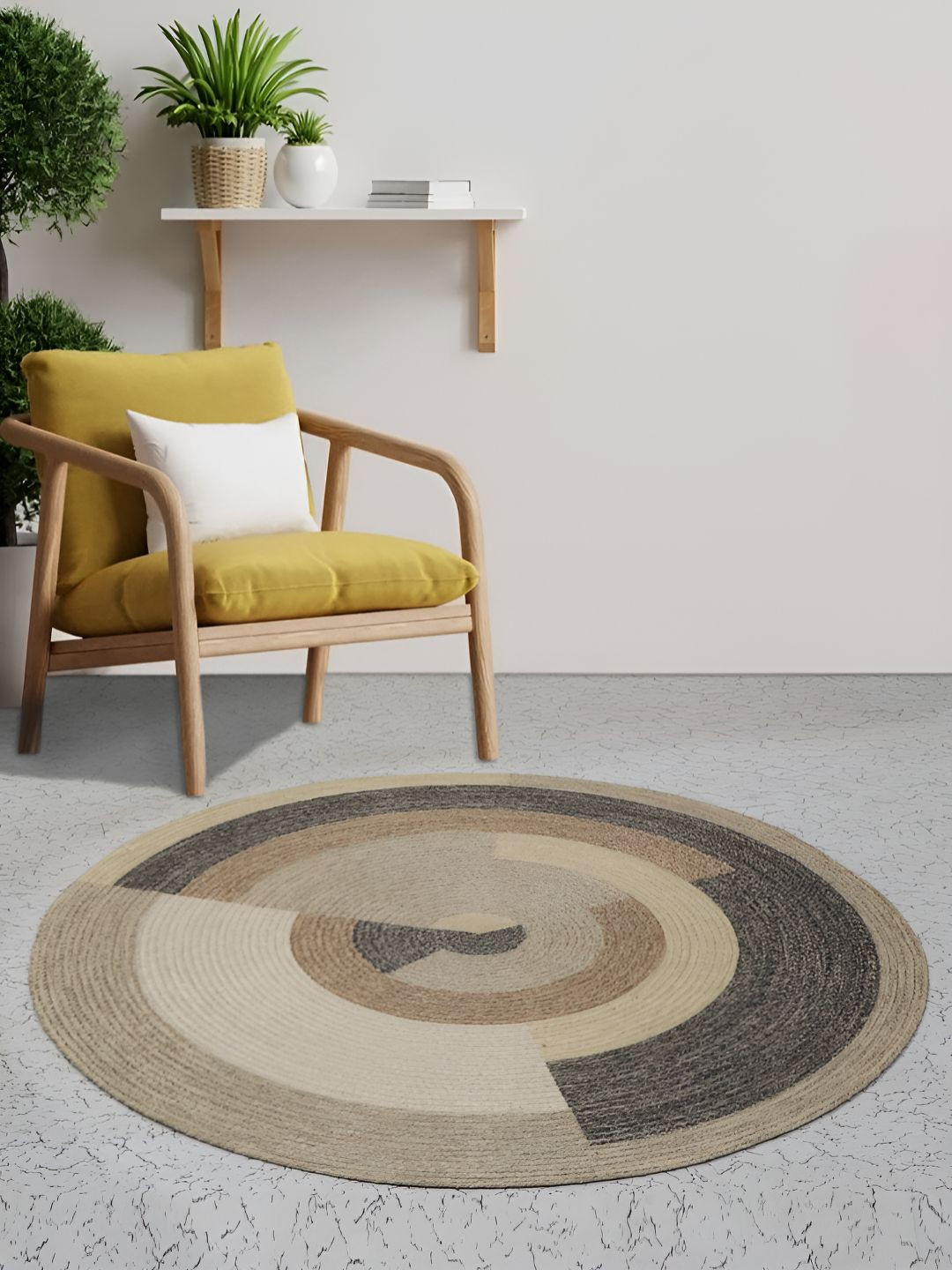 BELLA TRUE Beige Color & Grey Printed Round Dhurries