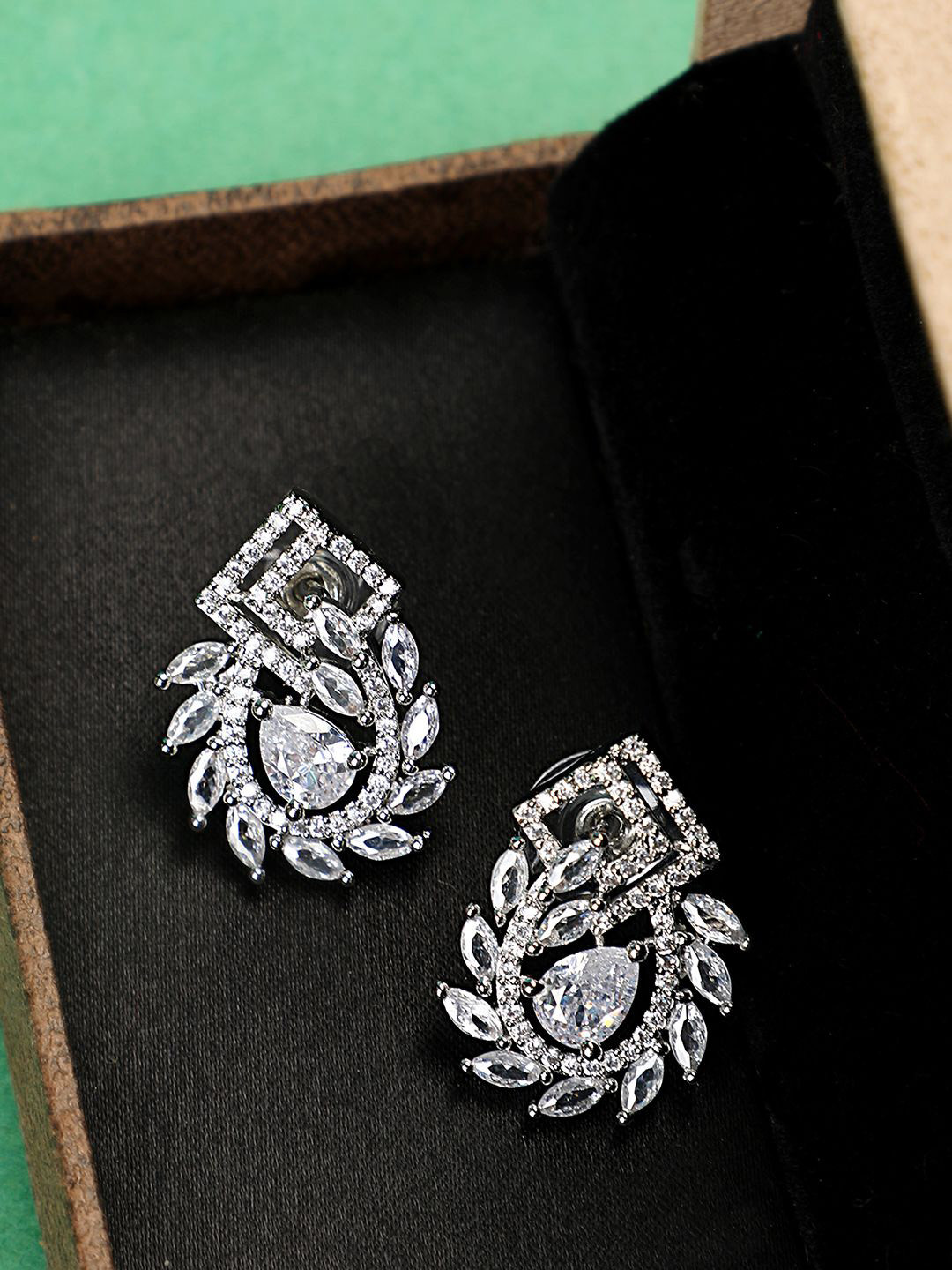 MODE MANIA Silver-Plated American Diamond Studded Contemporary Studs