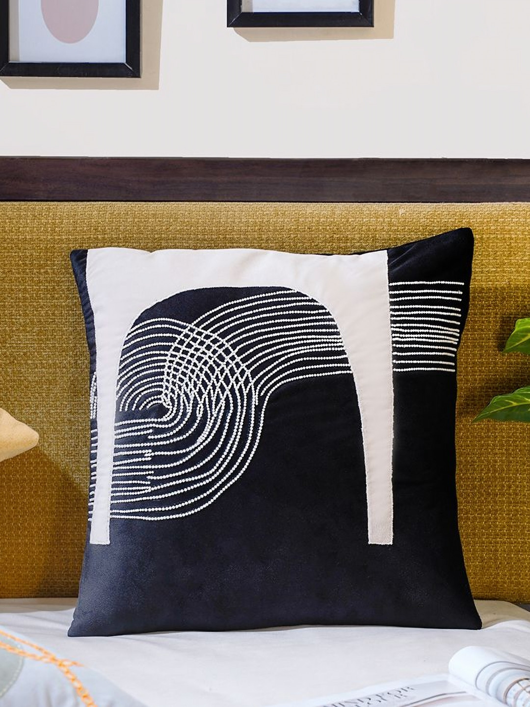 Mid July Home Abstract Black Embroidered Velvet Washable Square Cushion Cover -16x16In