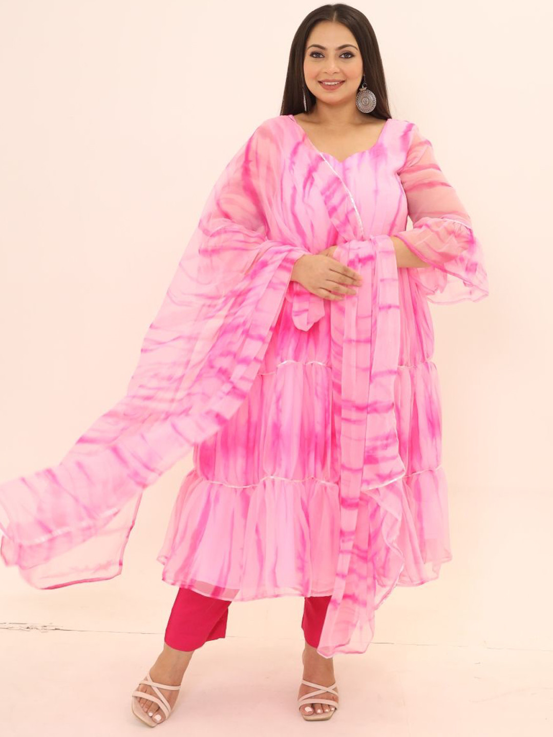 Swadeshi Shringaar Printed Bell Sleeves Gotta Patti Georgette Anarkali Kurta With Dupatta