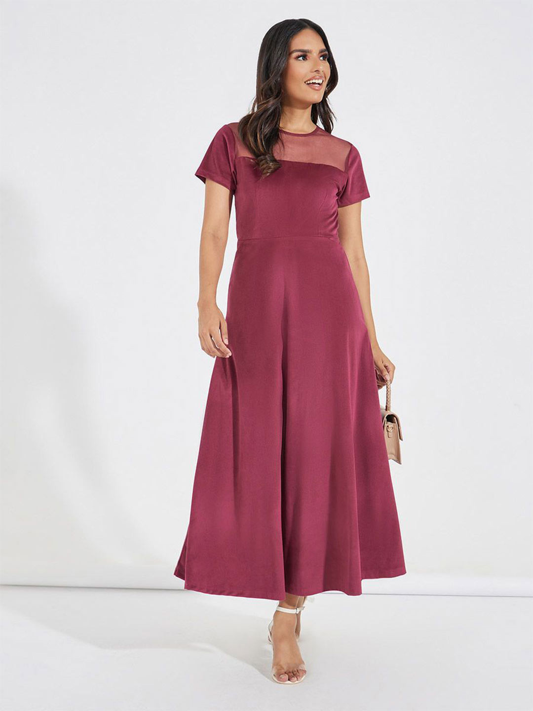 Styli Women Mesh Insert Velvet A-Line Maxi Dress