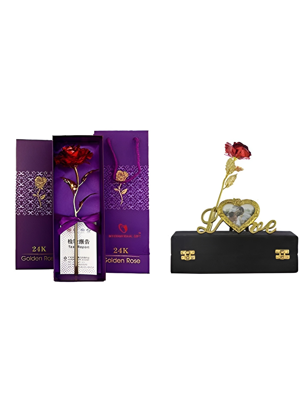 INTERNATIONAL GIFT Red 24k Golden Artificial Rose with Love Shape Photo Frame Stand