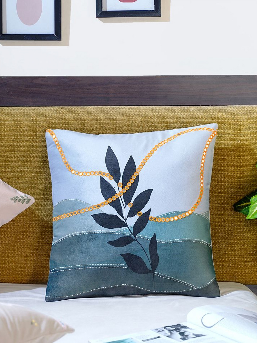 Mid July Home Harmony of Elements Leaf Velvet Washable Embellished Cushion Cover - 16x16In