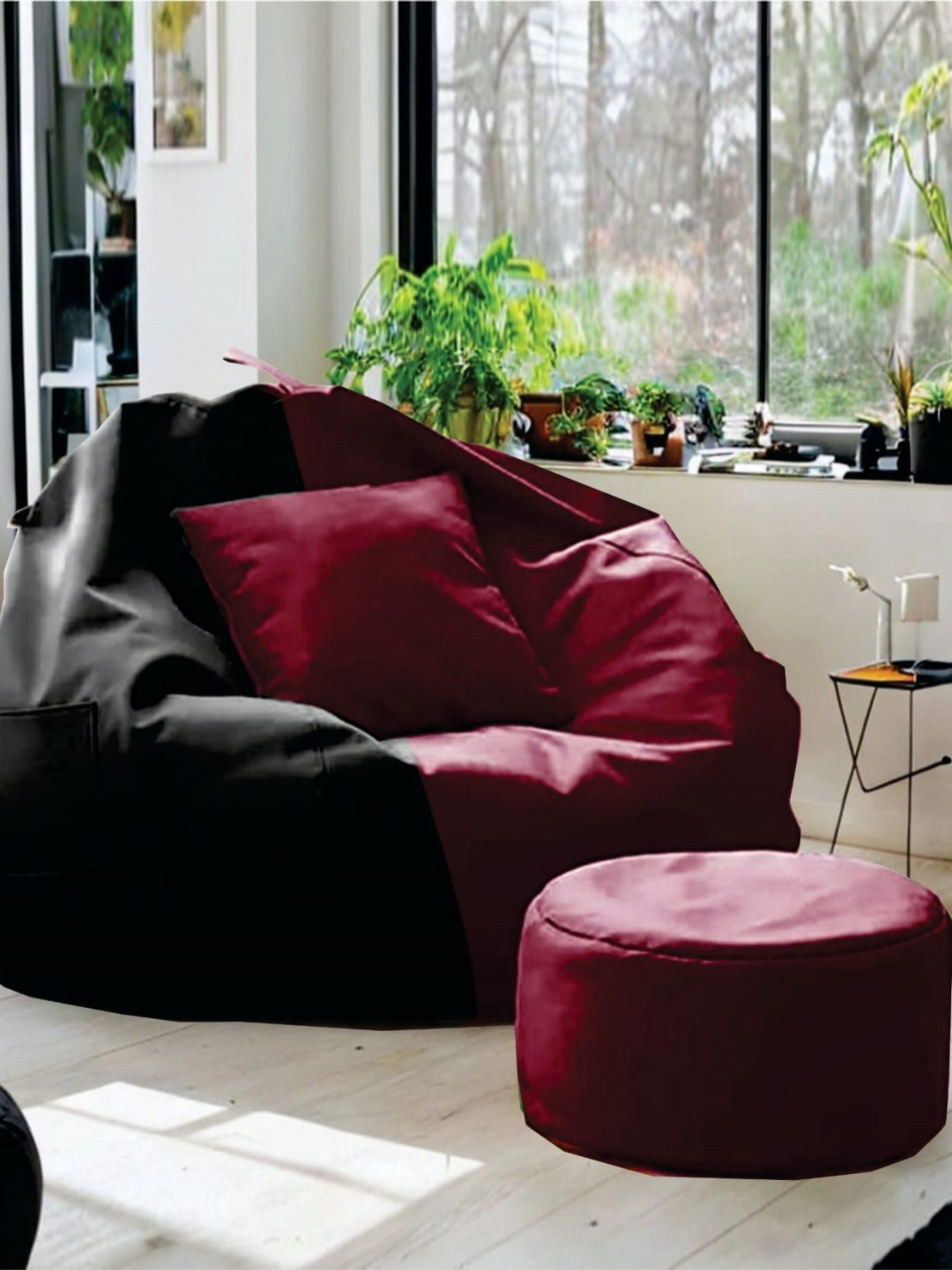 SHIRA 24 Maroon & Black 3 Pieces Bean Bag Cover & Cushion Cover & Footrest