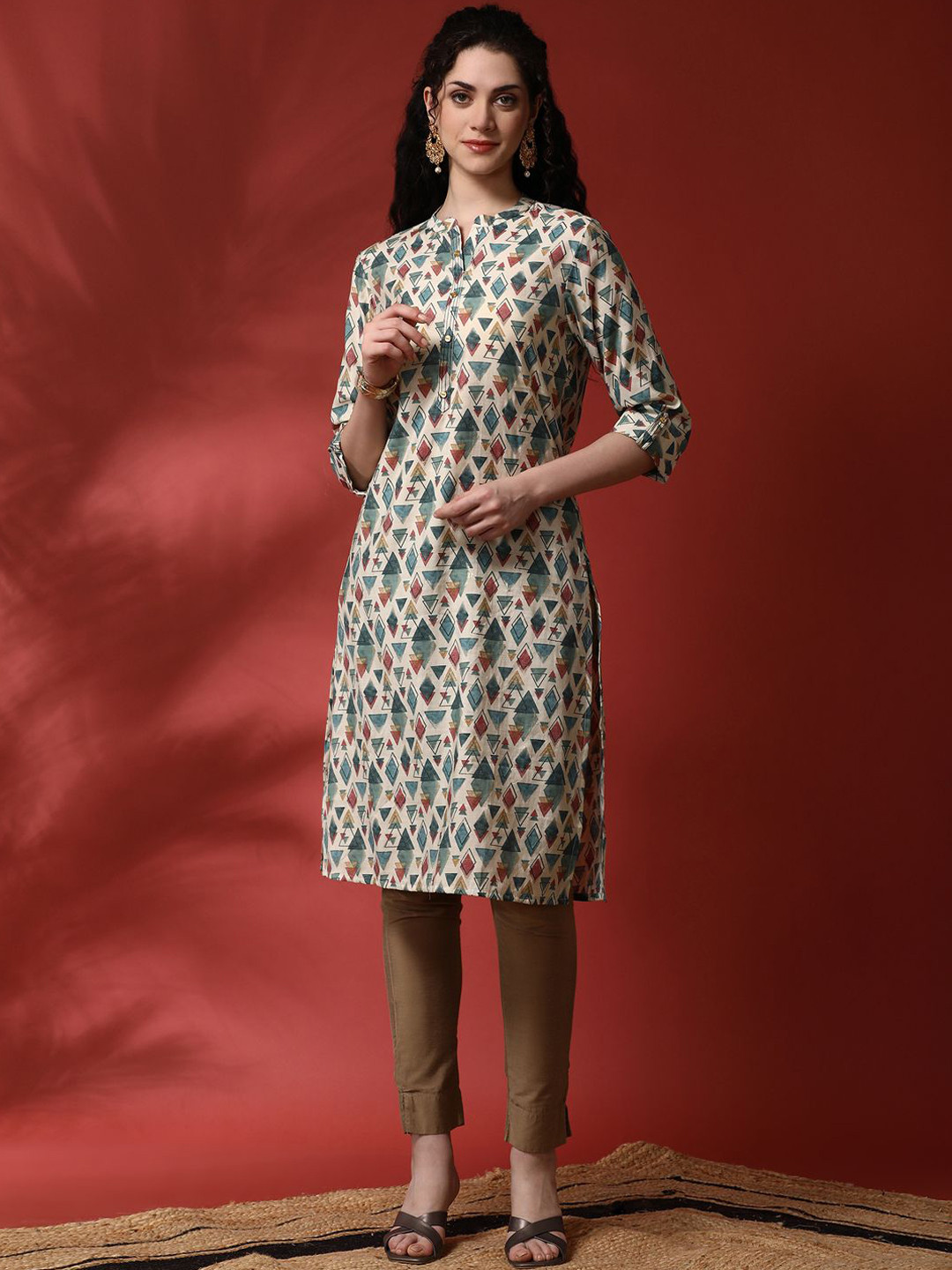 Anouk Geometric Printed Mandarin Collar Three-Quarter Sleeves Regular Viscose Ray