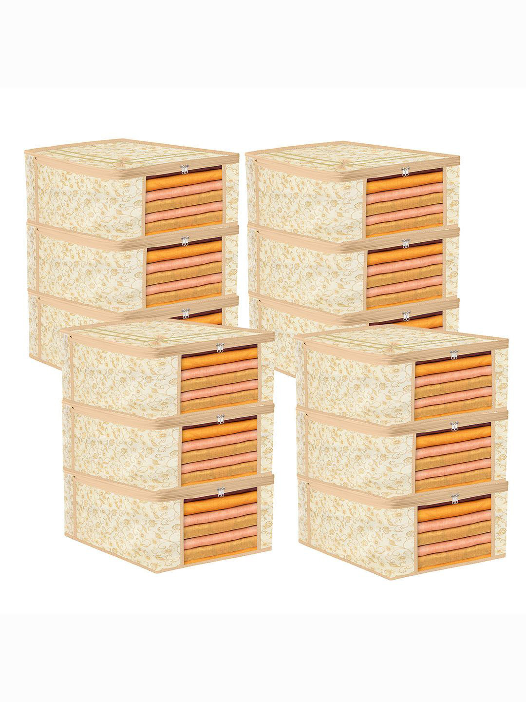 Kuber Industries Cream & White 12 Pieces Leaf-Bow Printed Multi-Utility Organisers