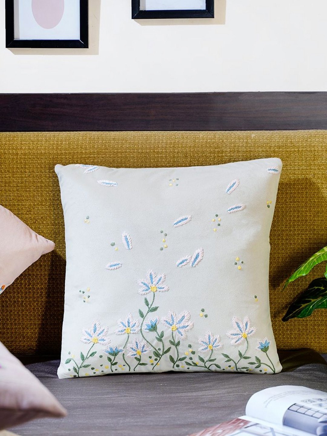 Mid July Home Whispers of Spring Off White Floral Embroidered Velvet Square Cushion Cover