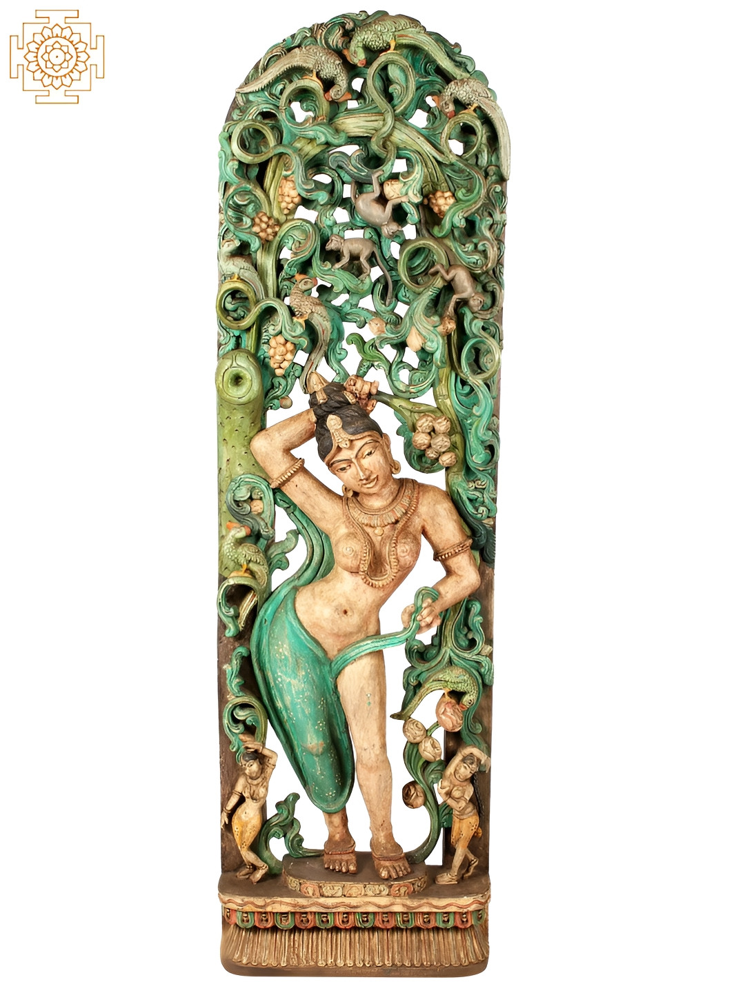 Exotic India Apsara Managing Her Slipping Garment Green Wood Natural Living Room Medium Showpiece - 59.4 Inches