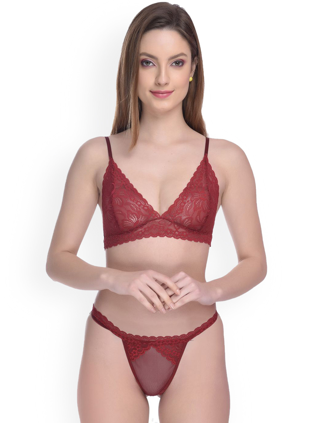 chia fashions Self-Designed Non Padded Lace Lingerie Set CF-080-MAROON-30