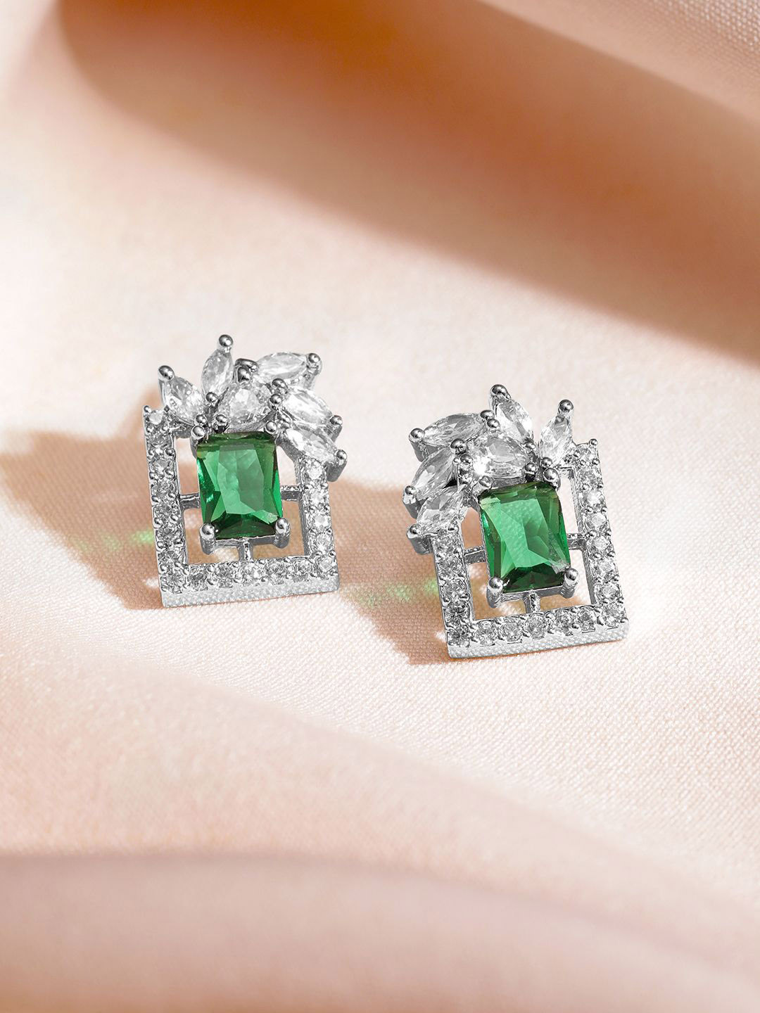 Rubans Rhodium-Plated Emerald & Cubic Zirconia Statement Stud Earrings
