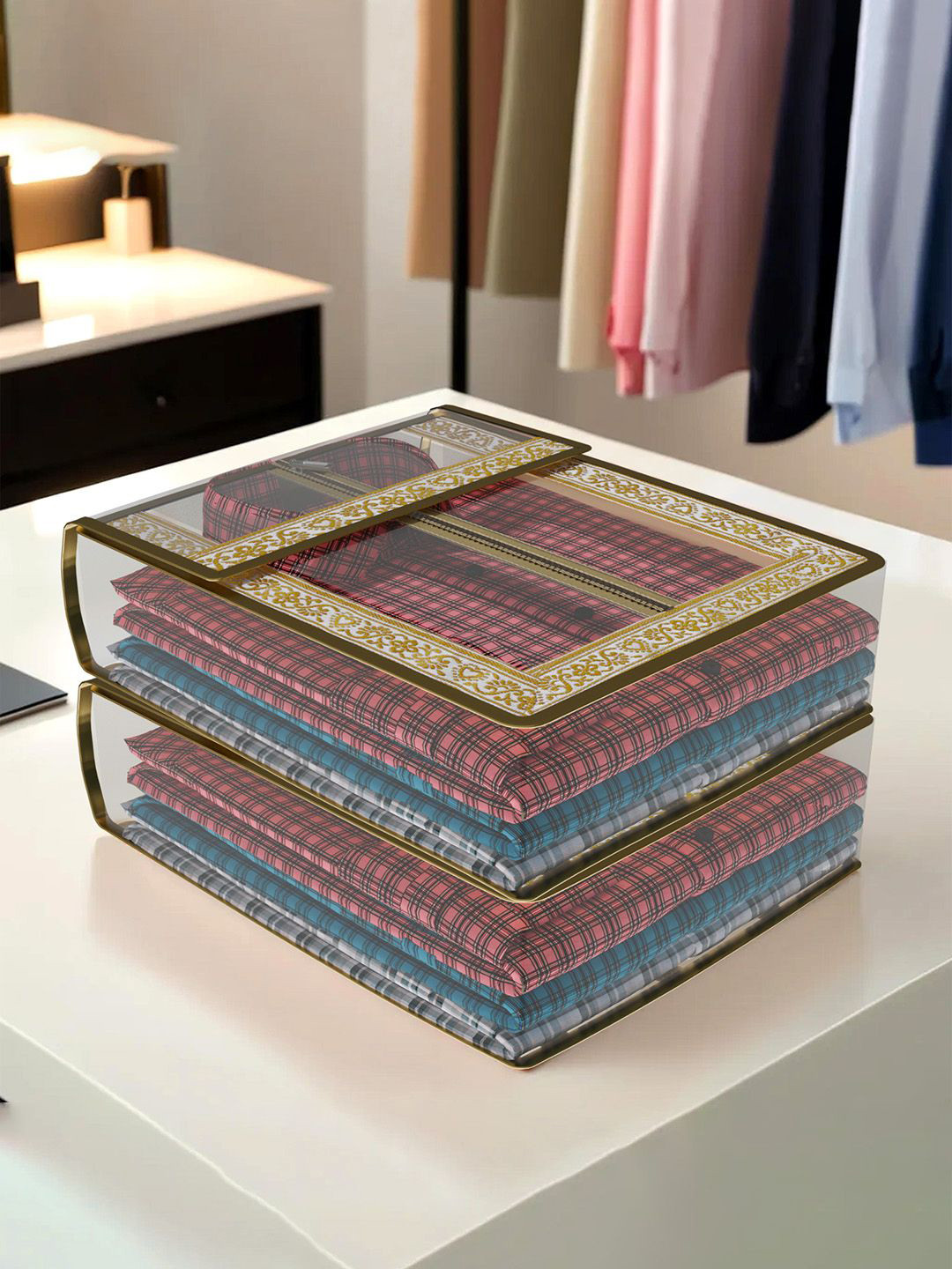 Kuber Industries Gold-Toned 2 Pieces Dot Lace-Design Multi-Utility Organisers