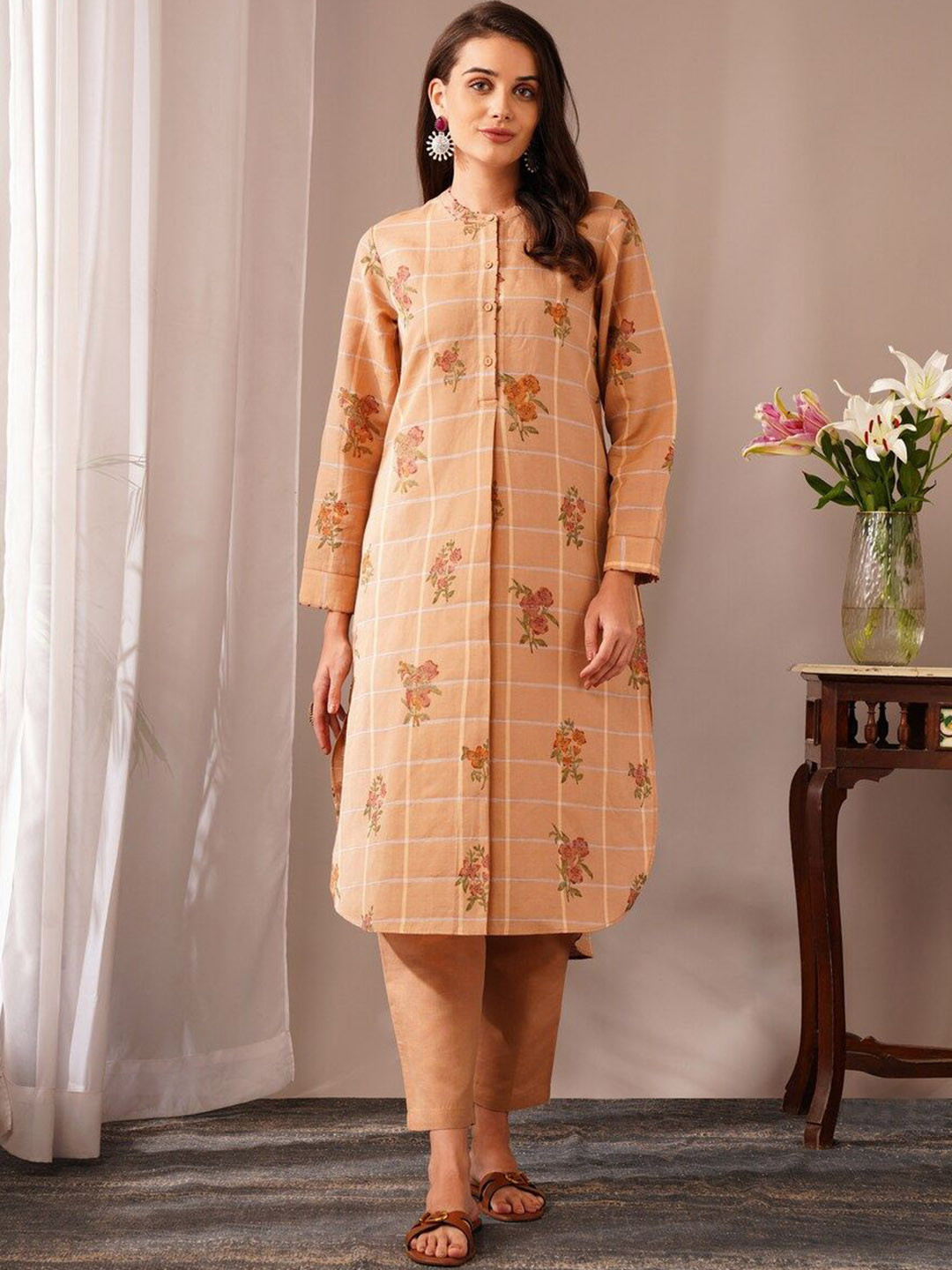 JAYPORE Floral Printed Mandarin Collar A-Line Kurta
