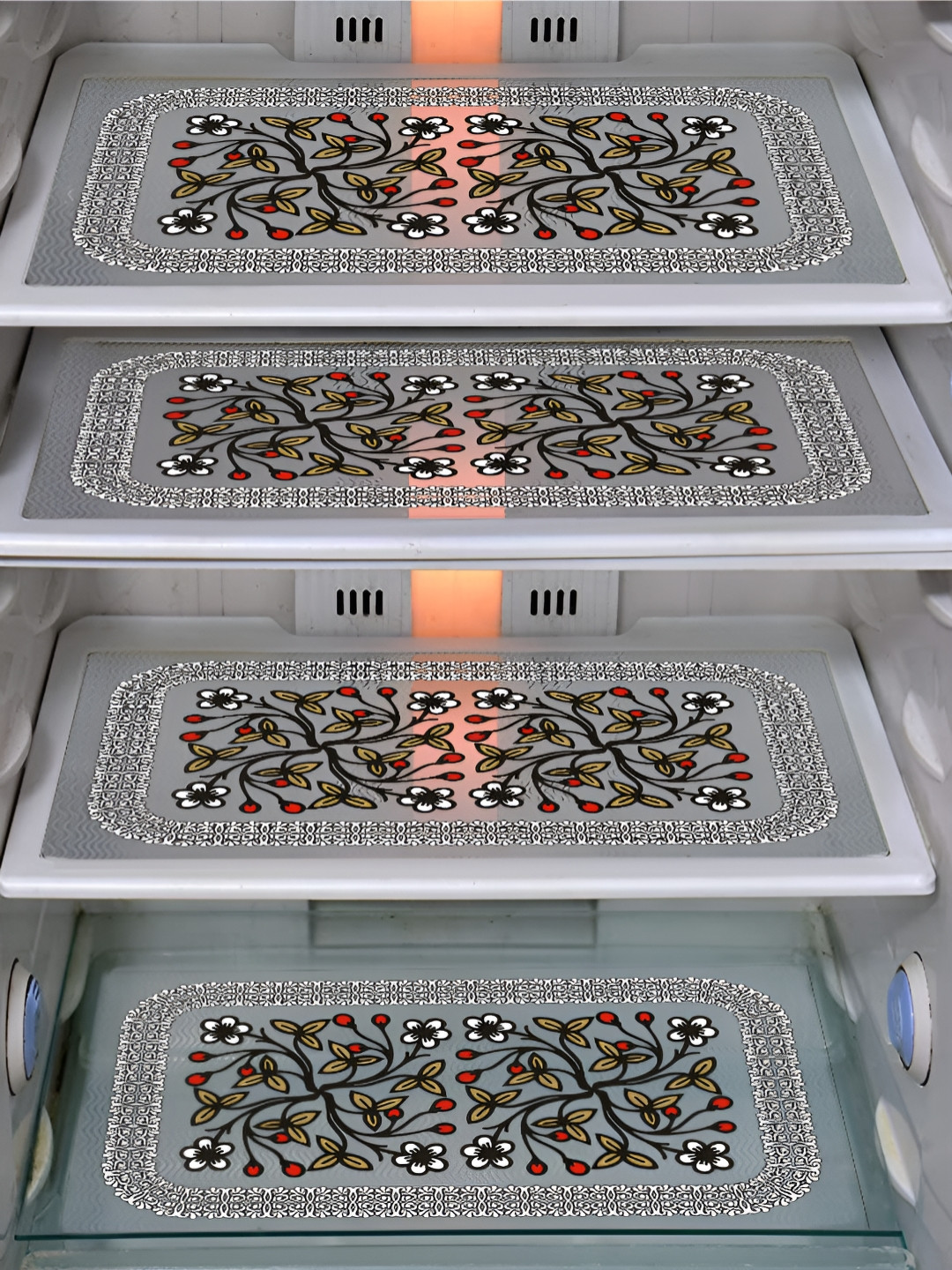 LooMantha Black & Transparent 4 Pieces Floral Printed Fridge Mats