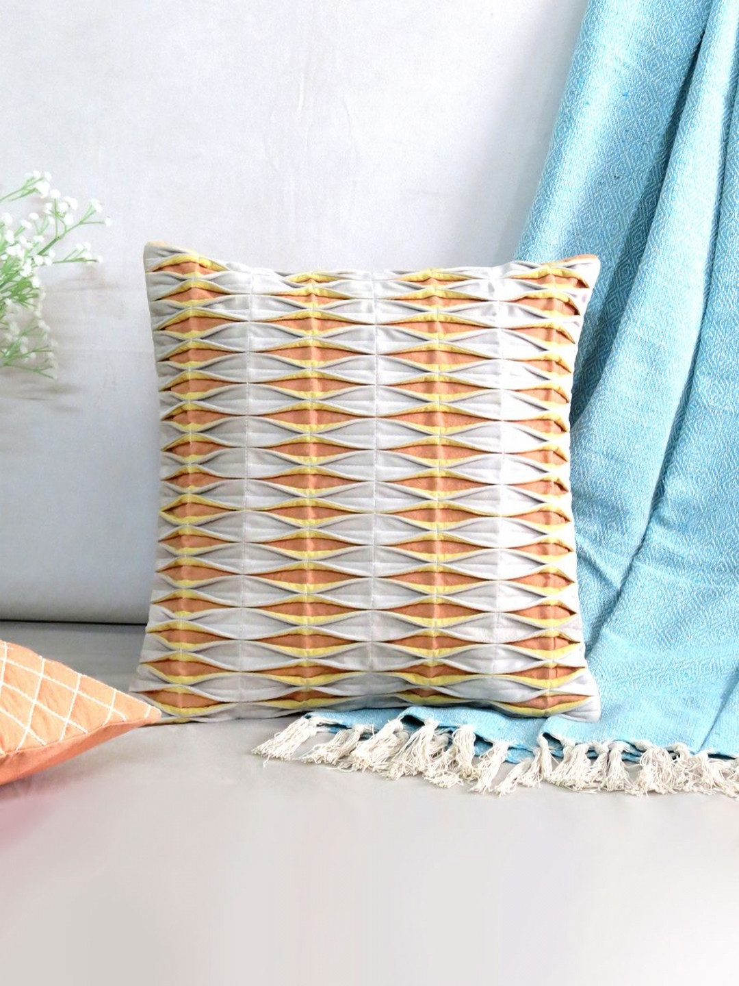 Mid July Home Off White Geometric Velvet Durable Embroidered Square Cushion Cover -16x16In